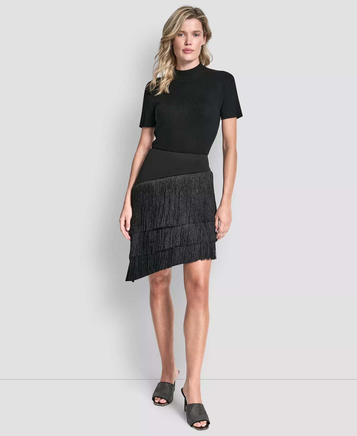 Women's High-Low Fringe Detail Skirt - Black - 10