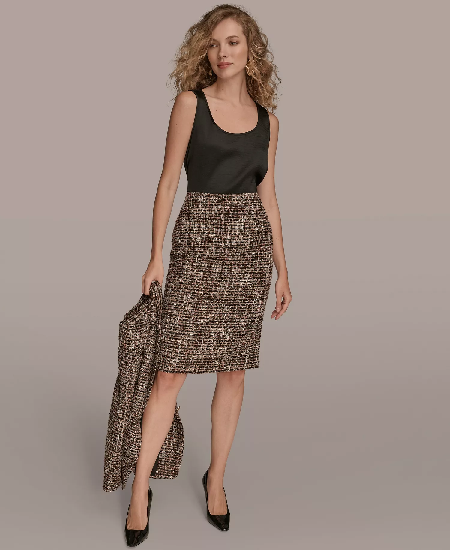Women's Tweed Midi Pencil Skirt - Chocolate Plum Multi - 10