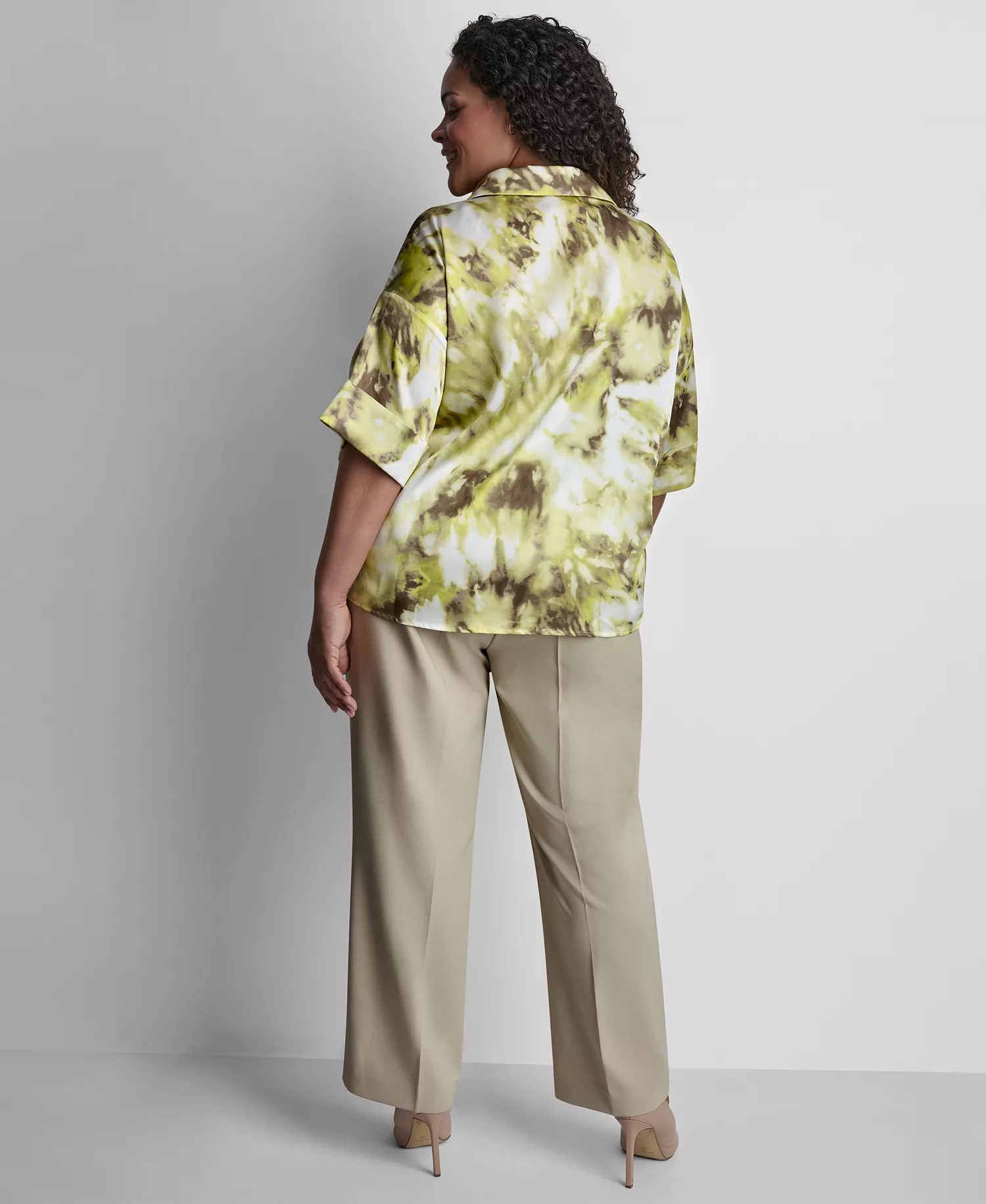 Plus Size Collared Neck Satin Top - Sage/Lime Green - 1X