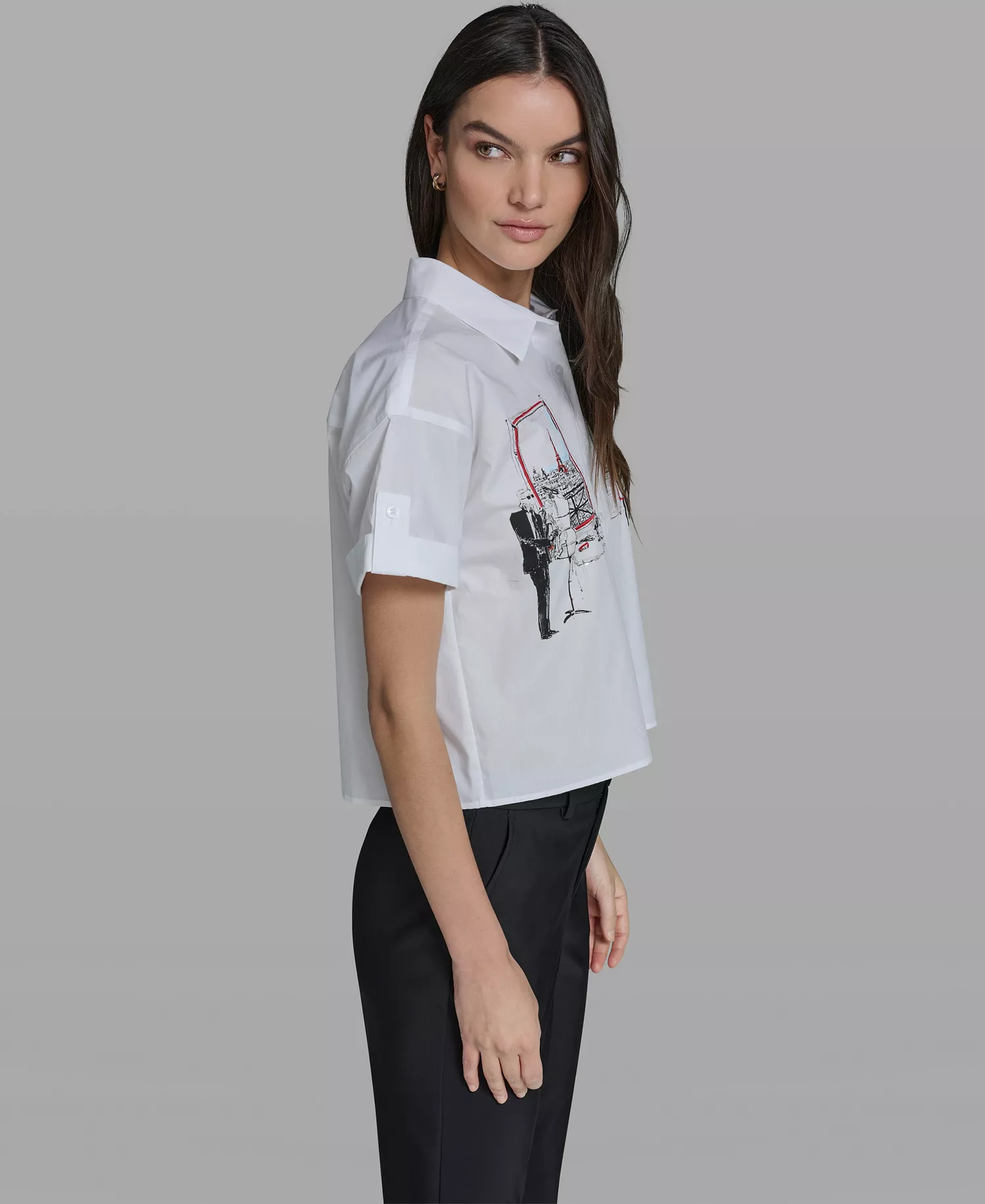 Women's Cropped City Scene Collared Top - White - L