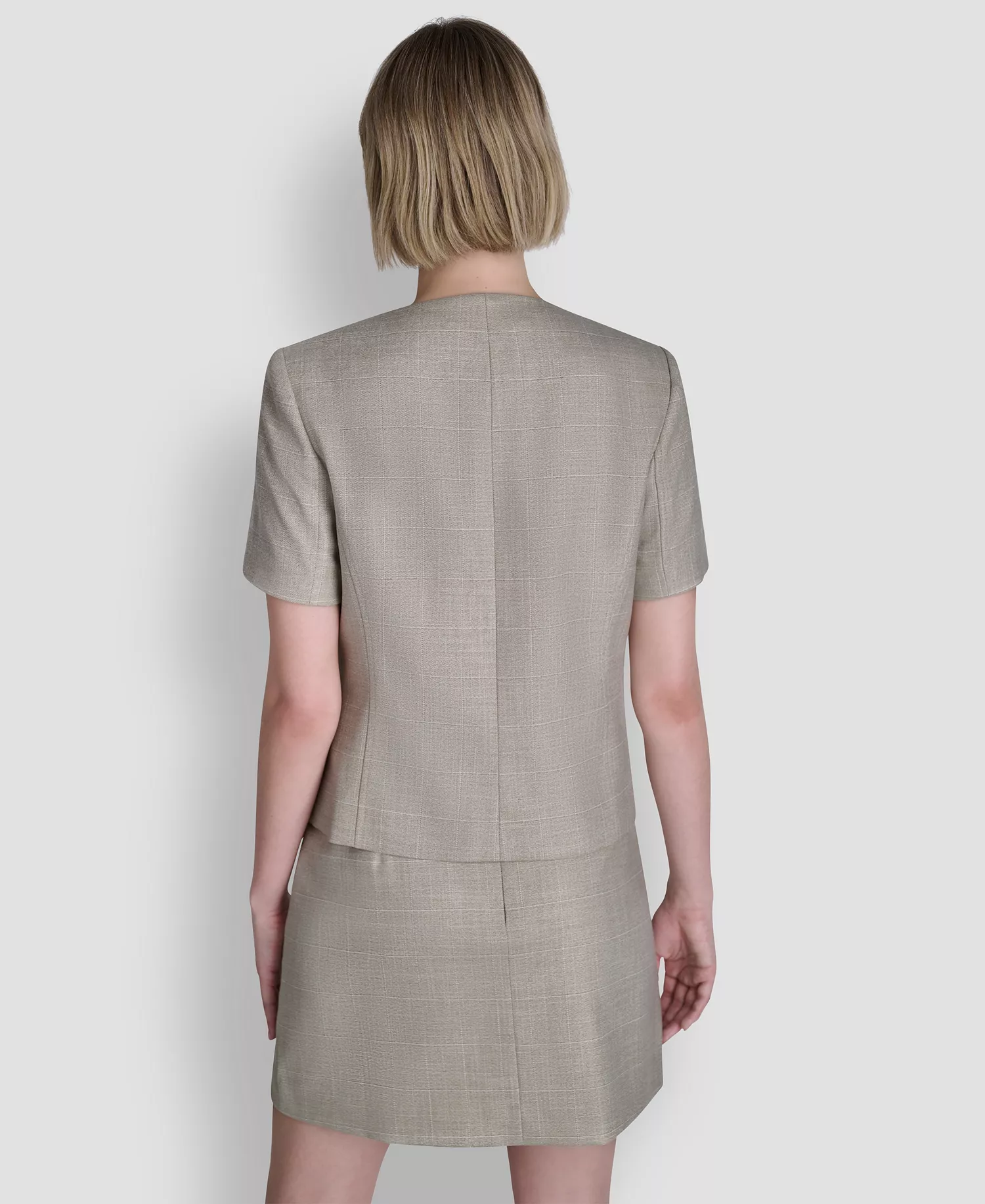 Women's Windowpane Short-Sleeve Crew Neck Structured Top - Pebble / White Combo - 0