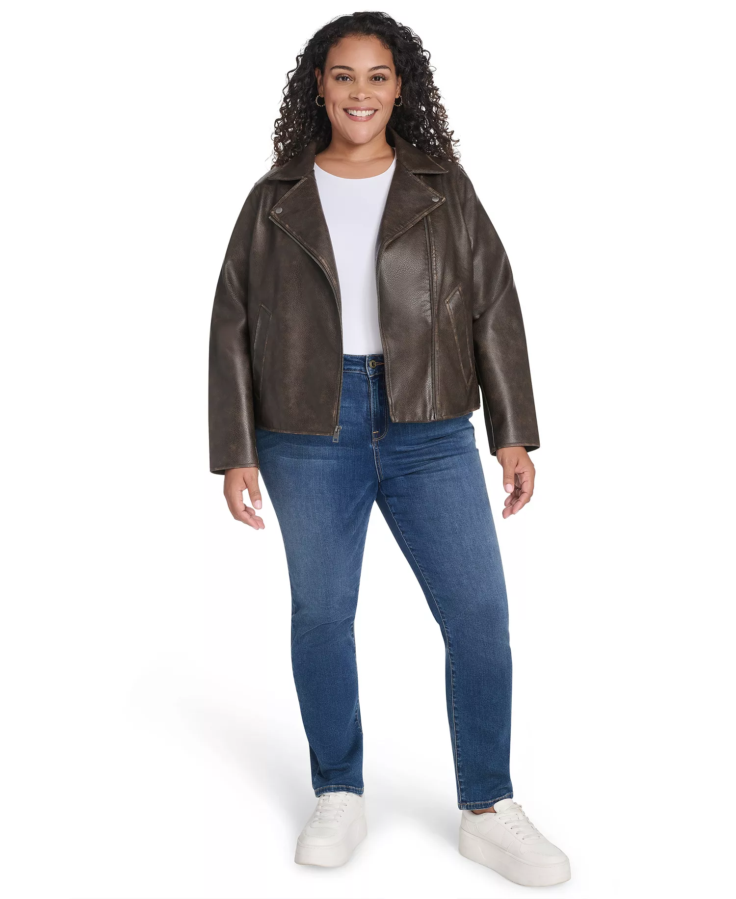 Plus Size Long Sleeve Moto Jacket - Brown - 1X