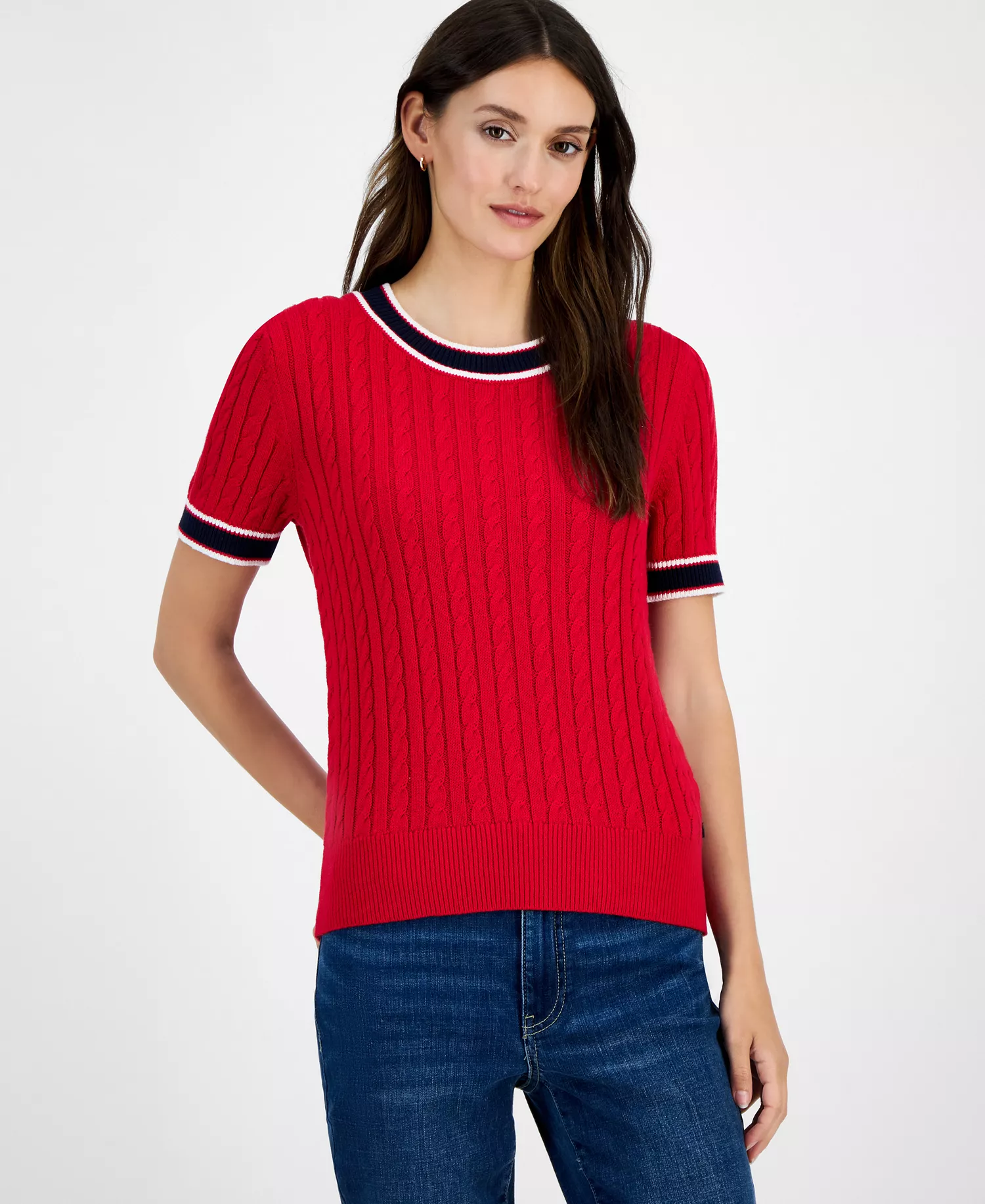 Women's Cotton Short-Sleeve Cable Knit Sweater  - Scarlet - L