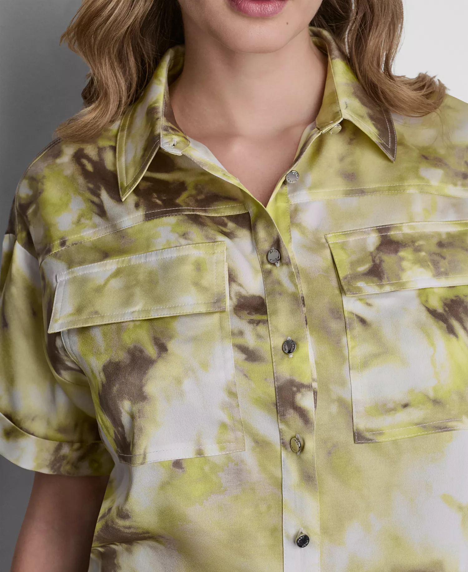 Petite Printed Button-Front Camp Shirt - Sage/Lime Multi - P/L