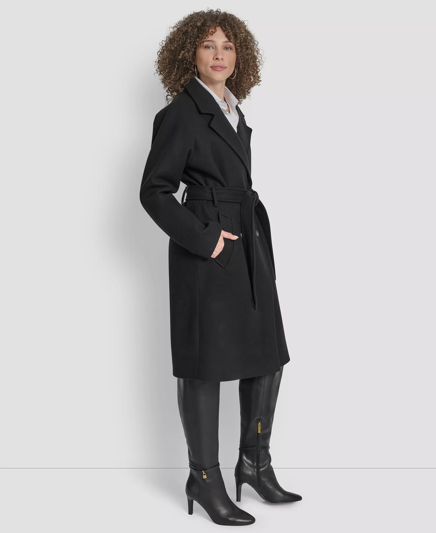 Women's Belted Notch Collar Coat - Black - L
