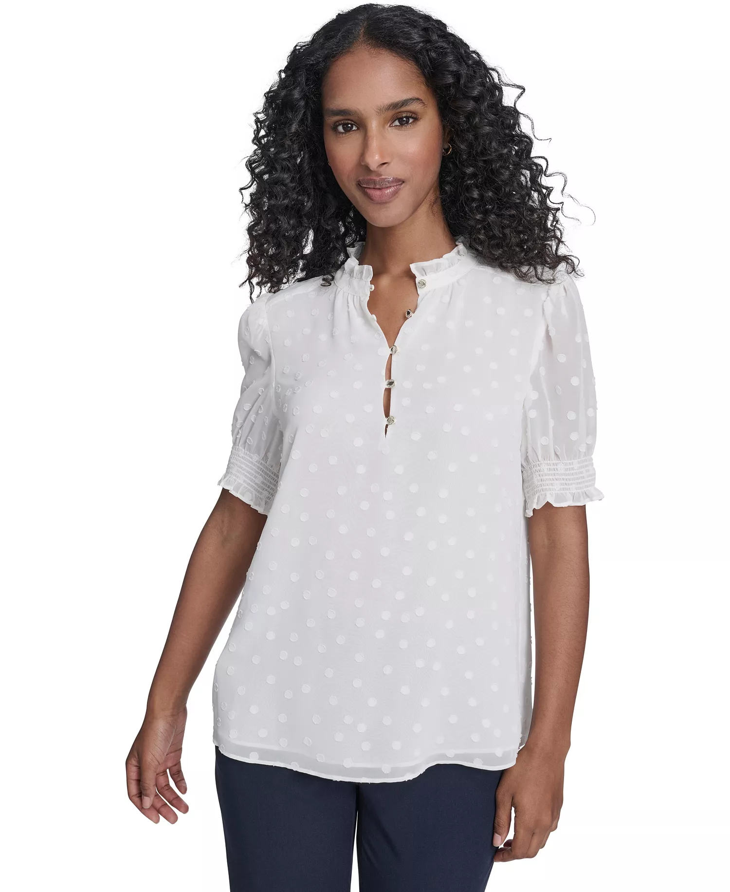 Women's Clip Dot Ruffle Popover Top - Ivory - L