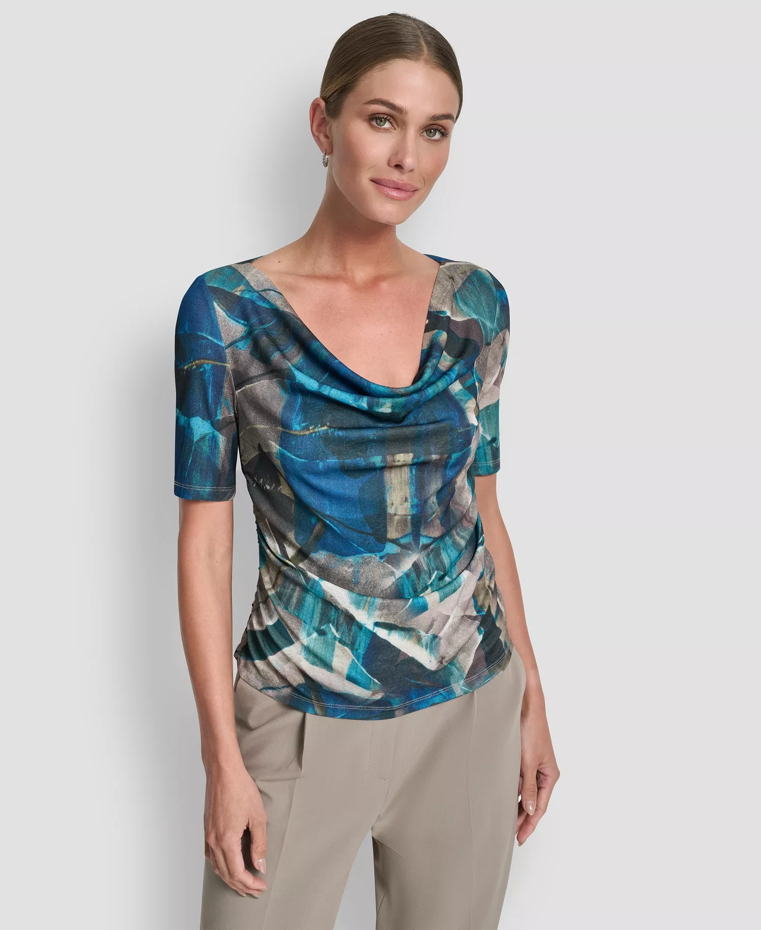 Women's Drape Neck Short Sleeve Top - City Taupe/ocean Blue Multi - S