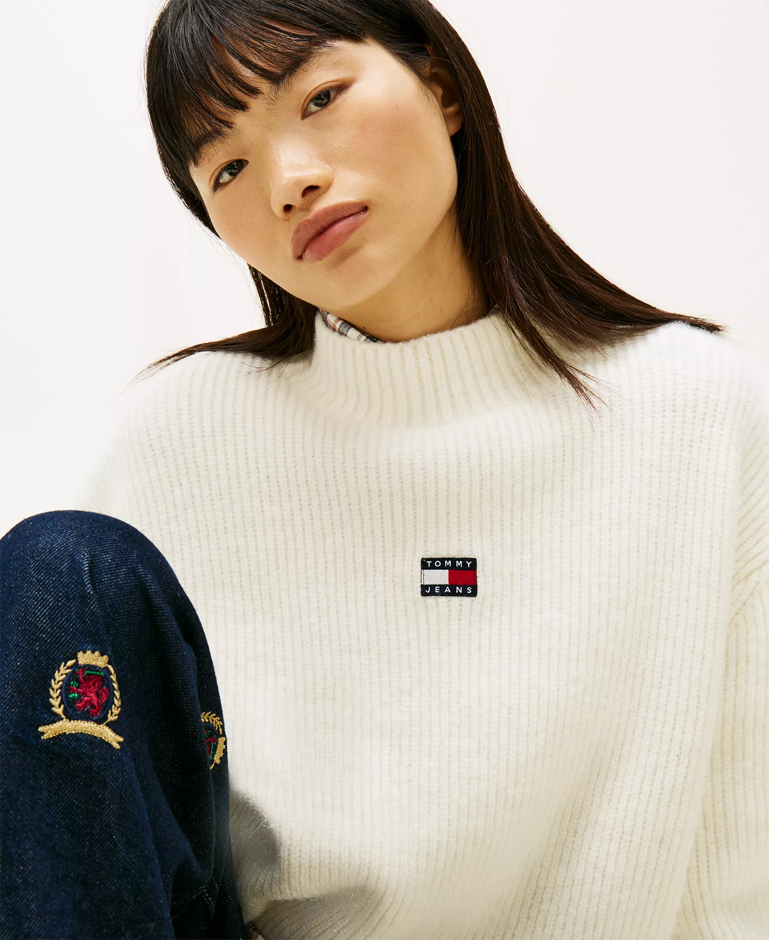 Women's Mock Neck Badge Sweater - Ancient White - L