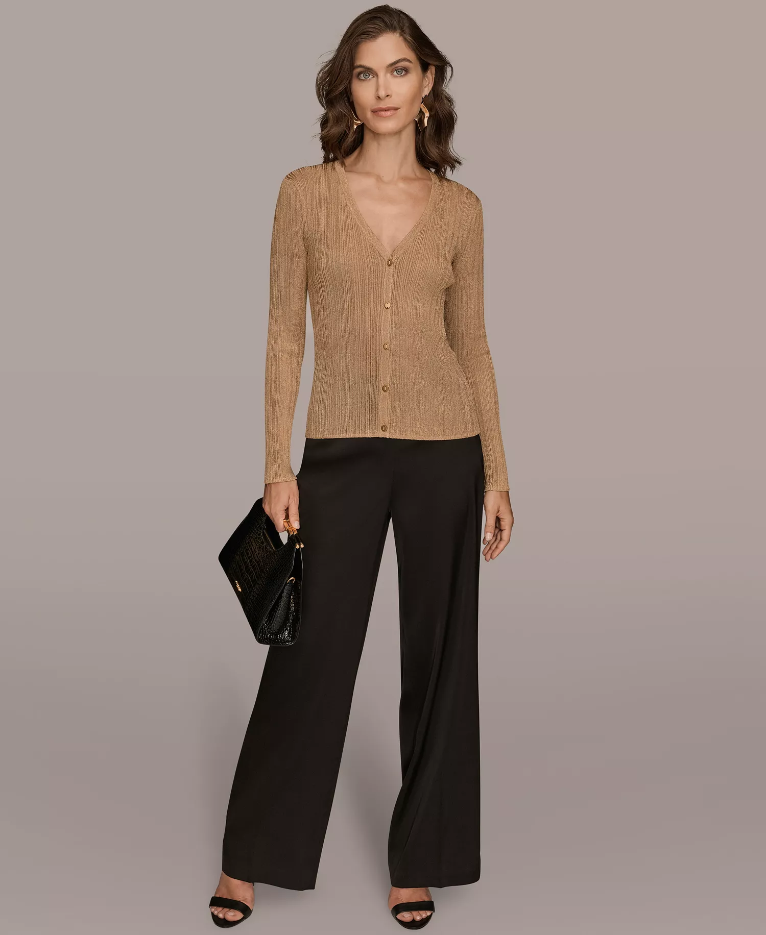 Women's Novelty Long Sleeve V-Neck Cardigan - Gold - L