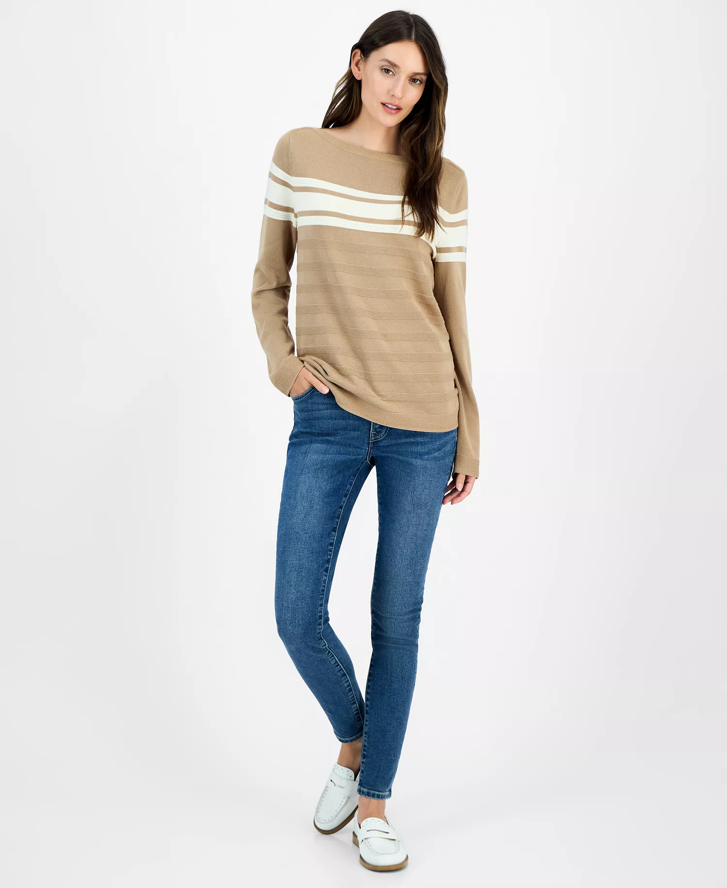Nautica Women's Cotton Boat-Neck Textured Sweater  - Camel/ White Swan - L