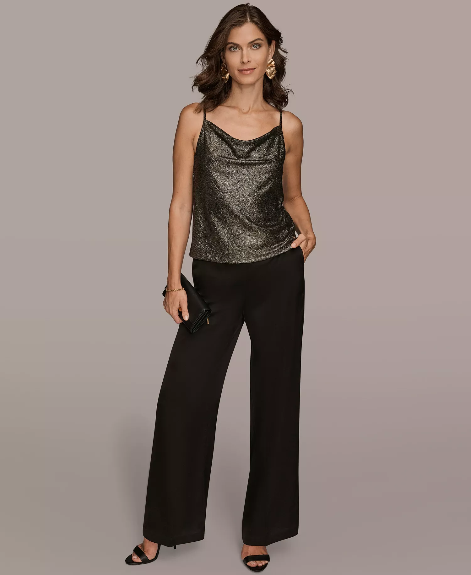 Petite Cowl-Neck Metallic Camisole  - Black/gold - P/L