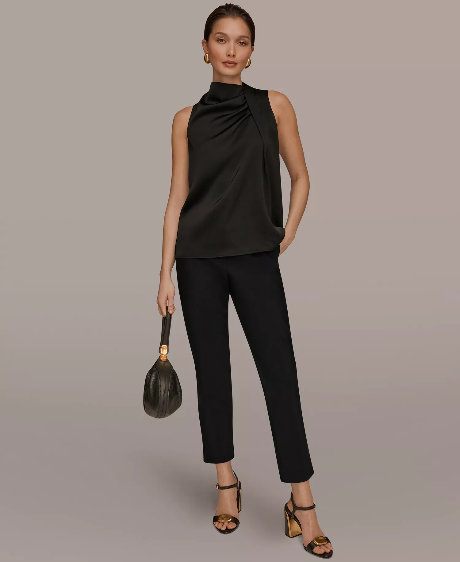 Women's Sleeveless Twist-Front Drape Blouse - Black - L