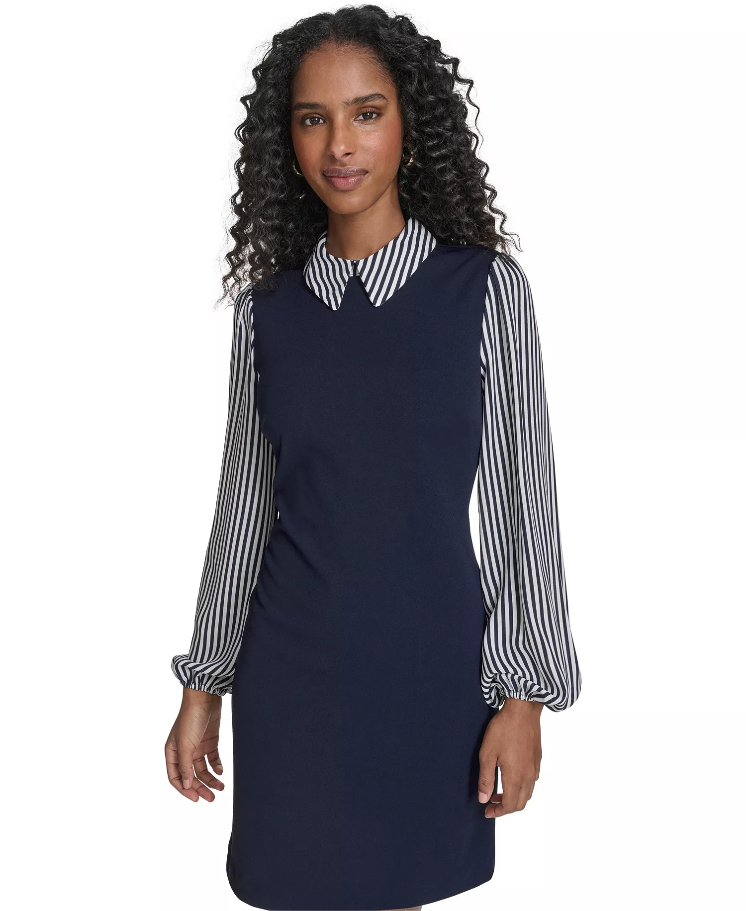 Women's Striped Collared Short Dress - Sky Captain/Ivory - 10