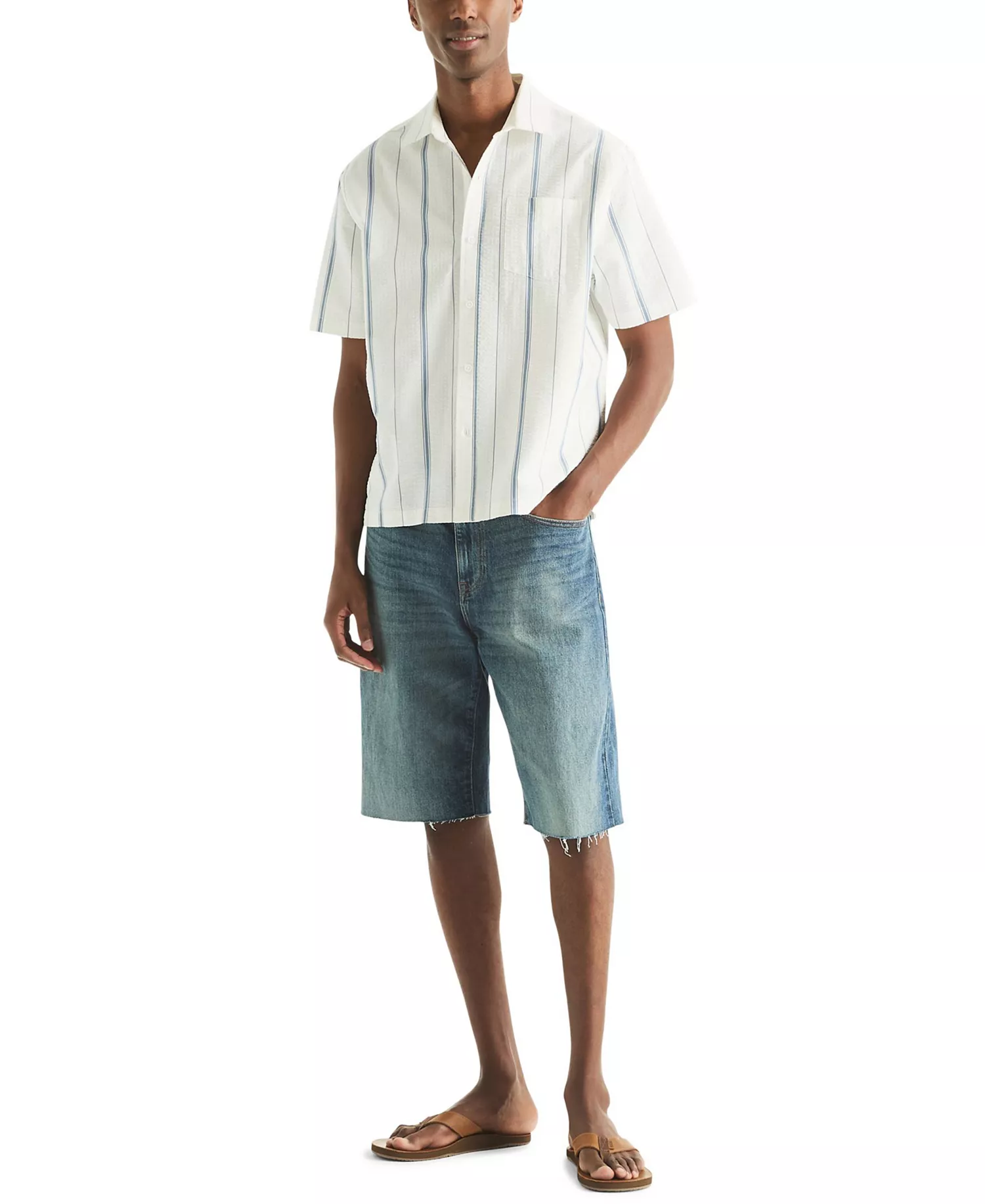 Men's Short-Sleeve Stripe Collared Shirt - White - L