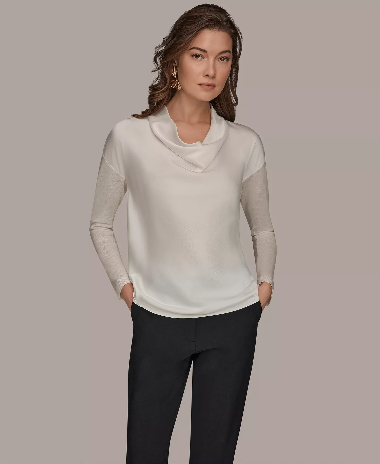 Women's Long-Sleeve Mix Media Cowl Front Top - Cream - L