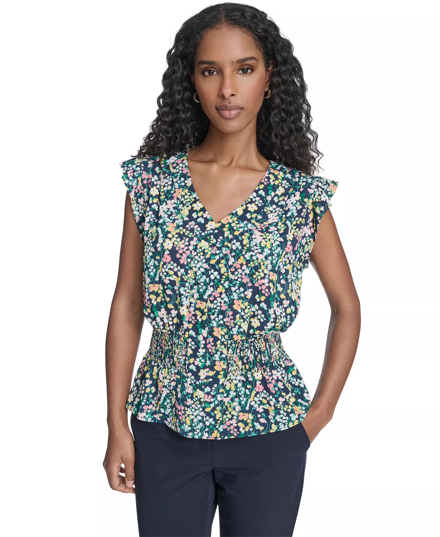 Women's Floral Smocked Peplum Top - Mdingiht Multi - L