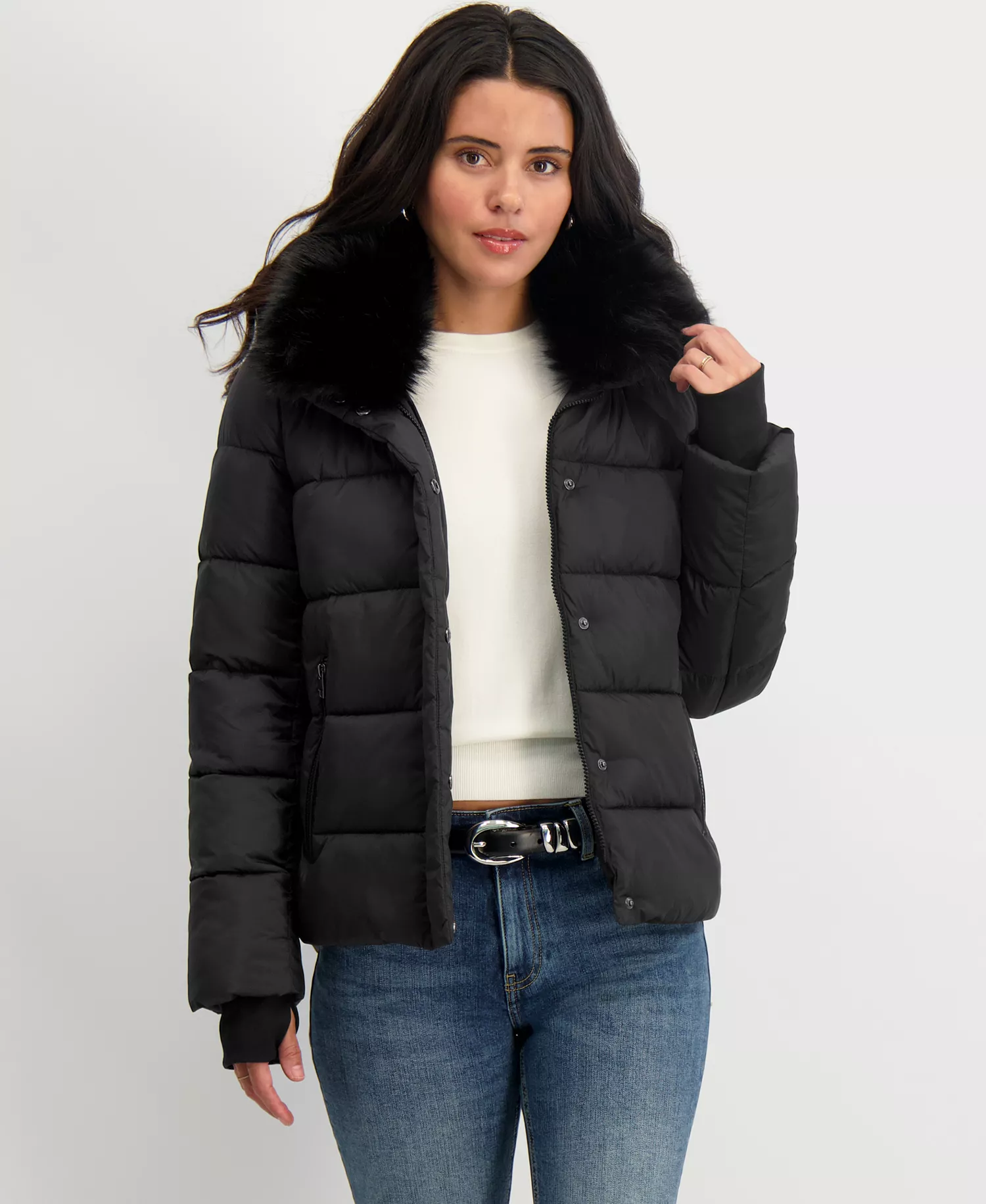 Women's Faux-Fur-Collar Hooded Puffer Coat - Black - S