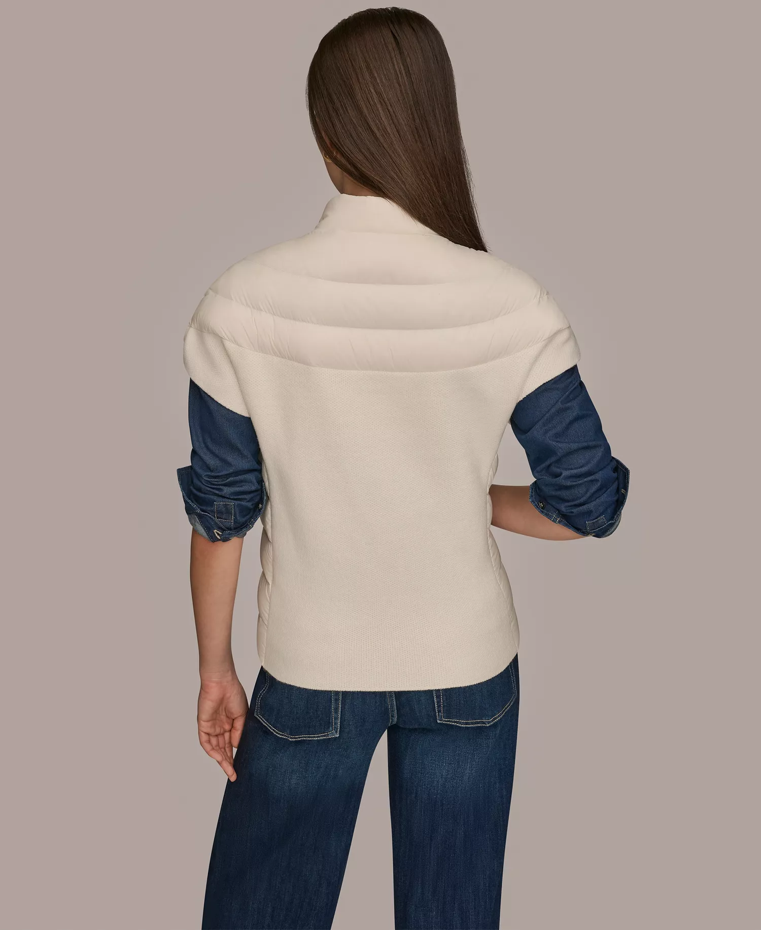 Women's Down Fill Packable Cap Sleeve Jacket with Sweater Knit Back - Cream - L