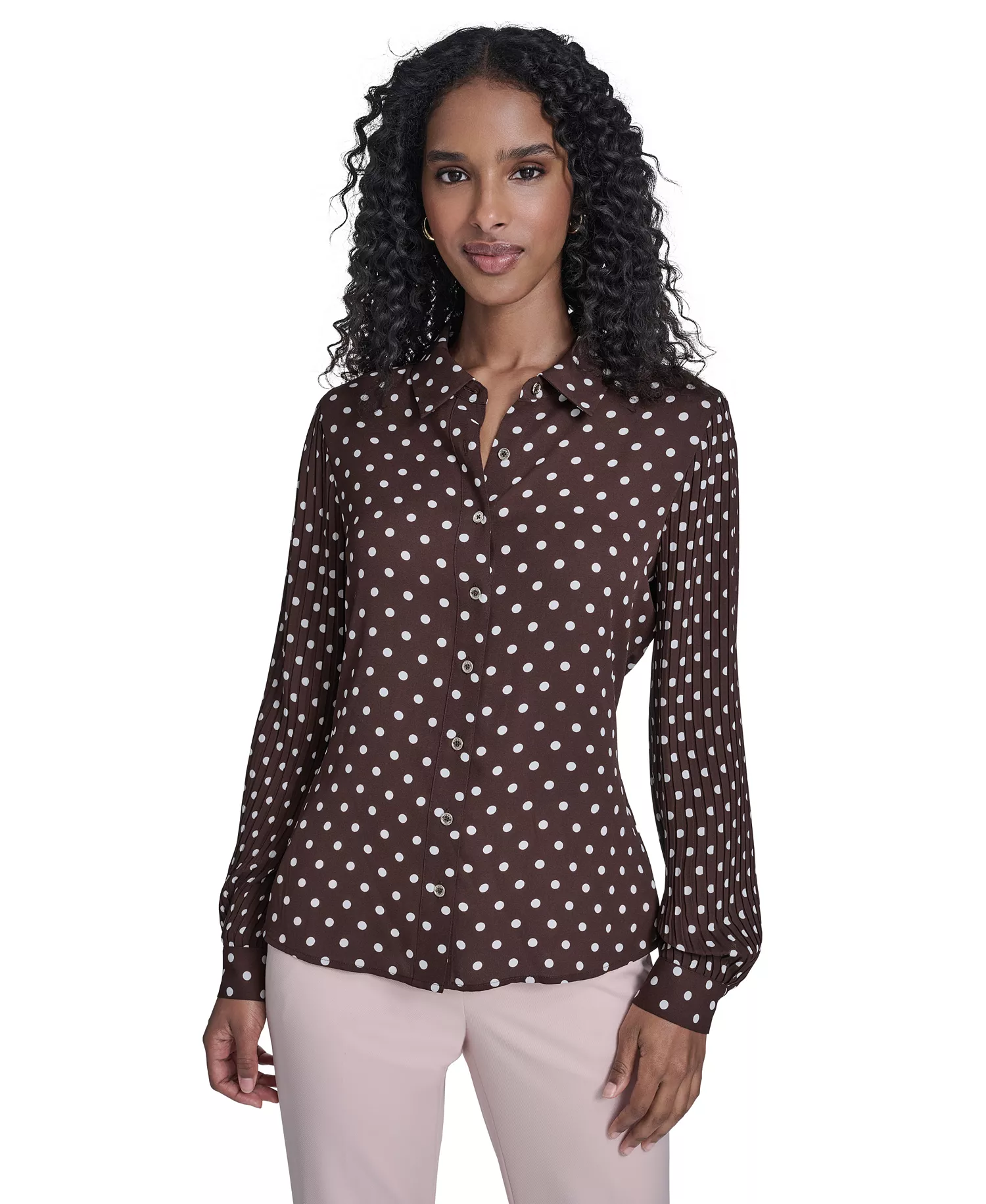 Women's Dot Pleated-Sleeve Button-Up Top - Chicory/ Ivory - L