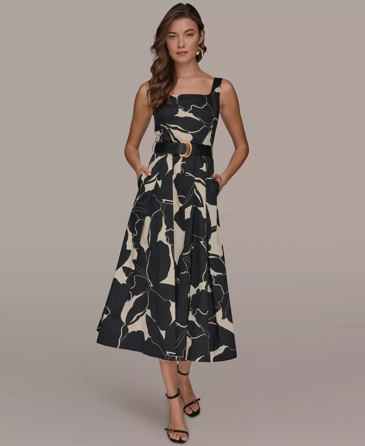 Women's Sleeveless Square Neck Floral A-Line Midi Dress - Black/Parchment - 10