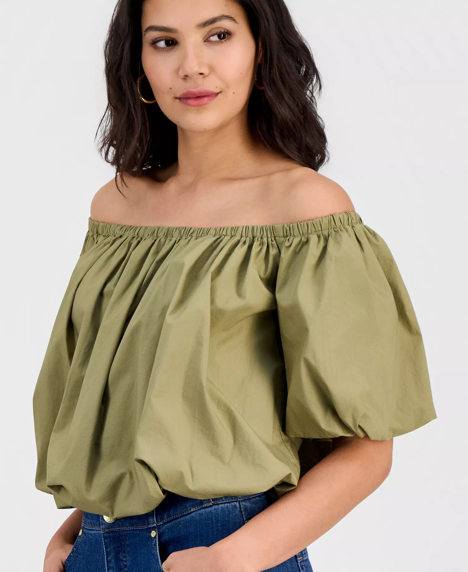 Women's Cotton Off-The-Shoulder Bubble-Hem Blouse, Macy's Exclusive - Dried Herb - L