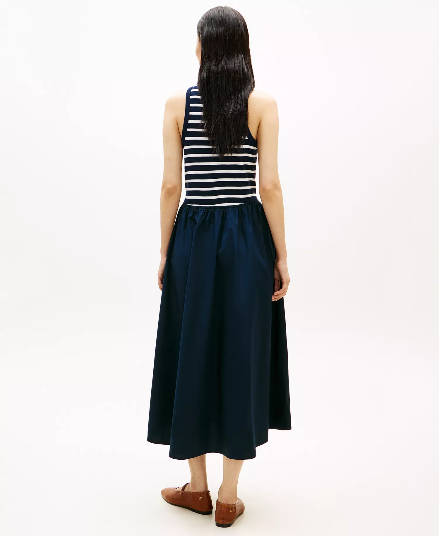 Women's Gold-Tone Button Dress - Breton Stripe Dark Night / Ecru - L
