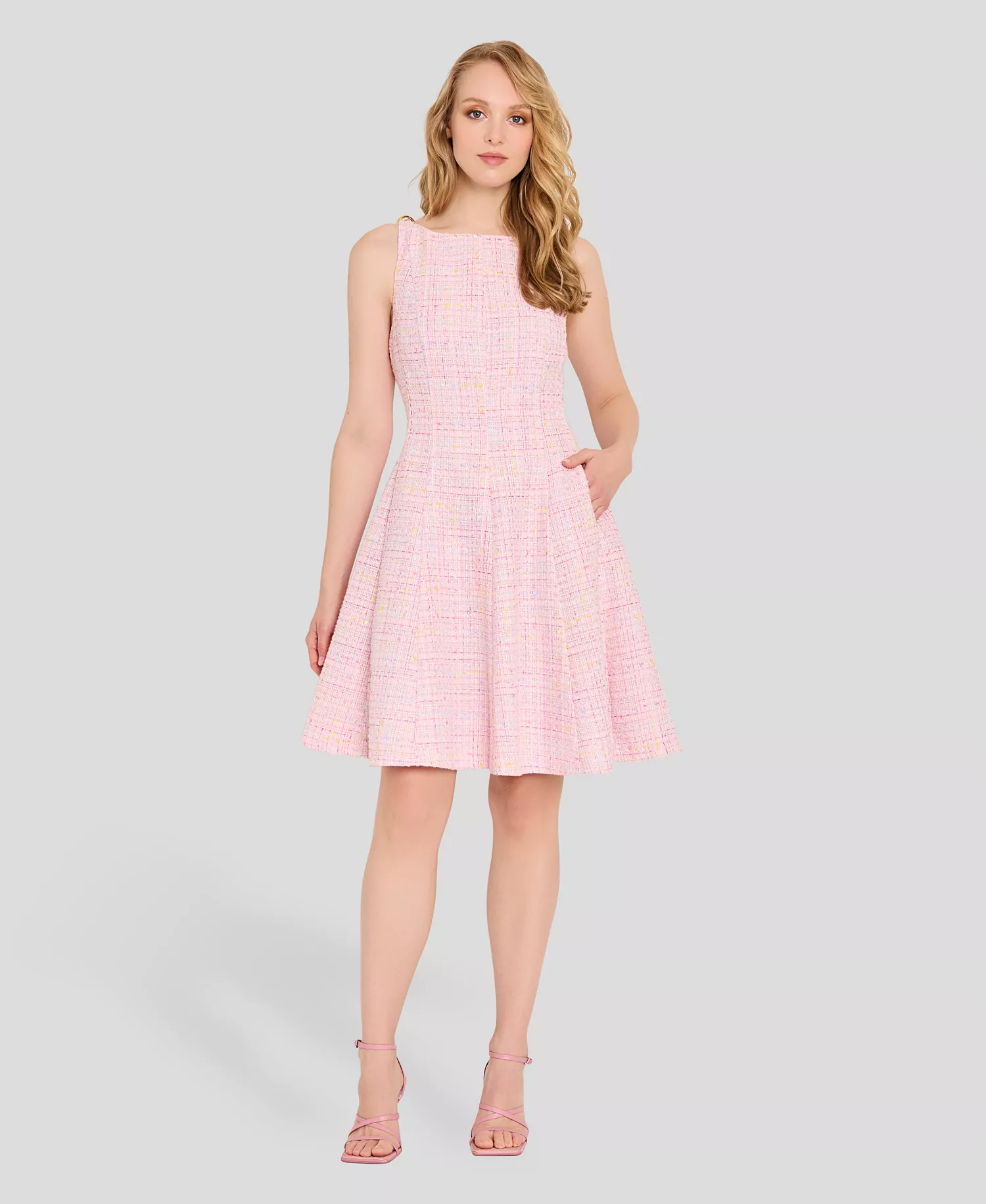 Women's Boucle Shoulder Boat Neck Hardware Dress - Pink Multi - 10