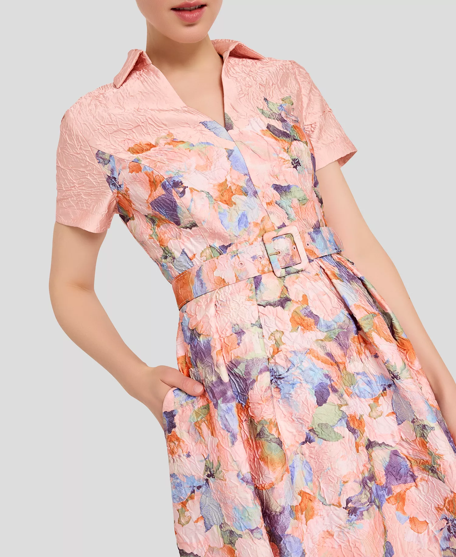 Women's Short-Sleeve Floral Belted Midi Dress - Apricot - 10
