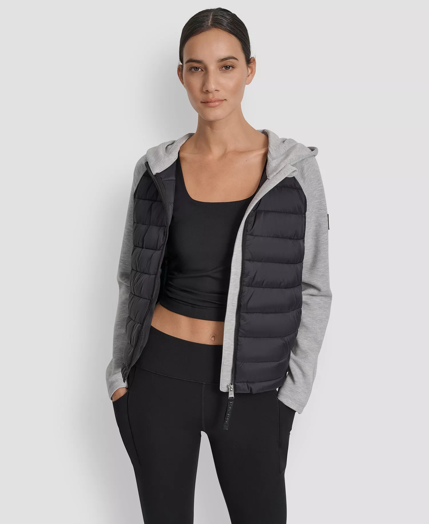 Women's High Low Hem Scuba Mixed Quilted Puffer Jacket - Matte Black/ Pearl Grey Heather - L