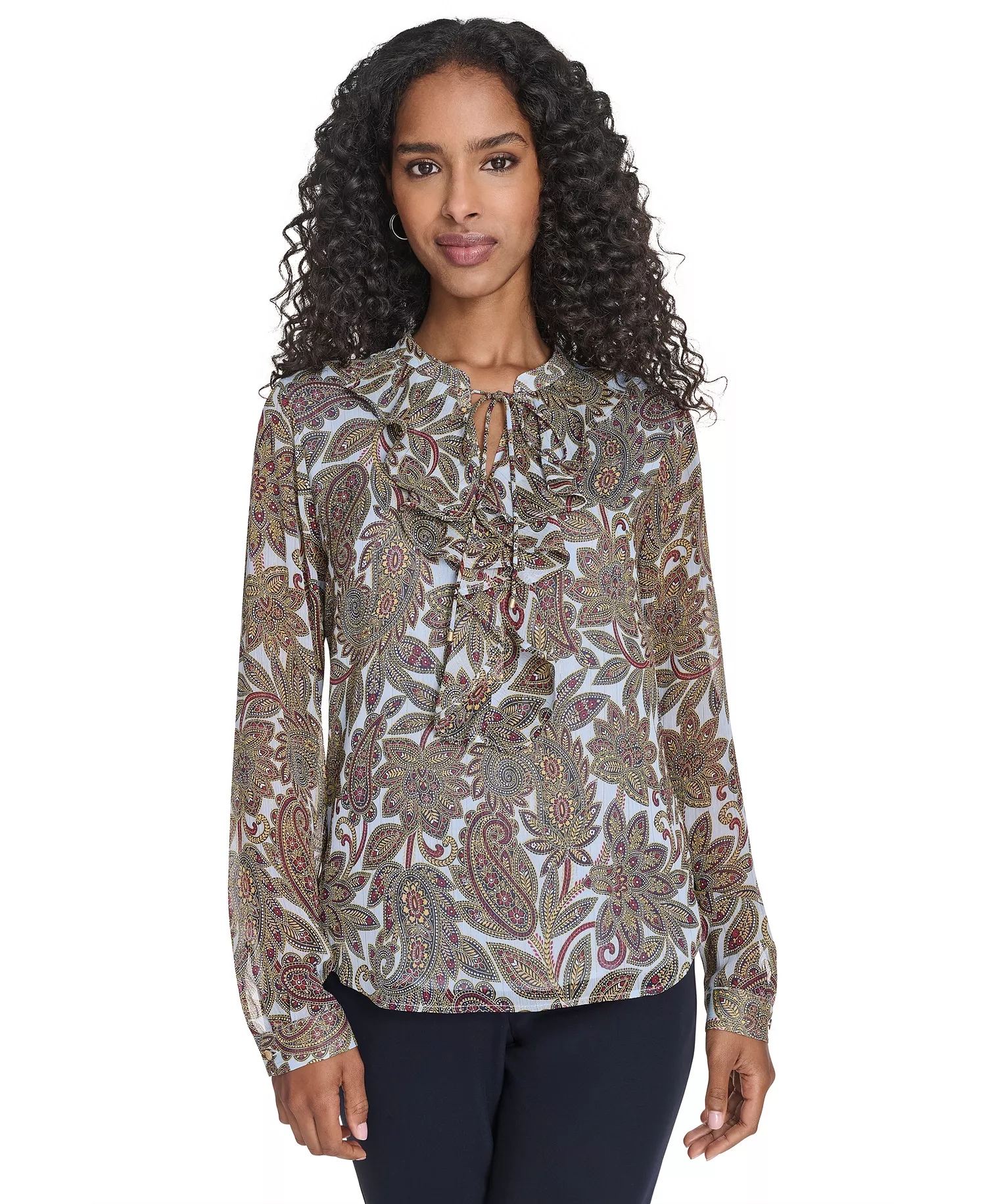 Women's Paisley Ruffle Long Sleeve Blouse - Sky Multi - S