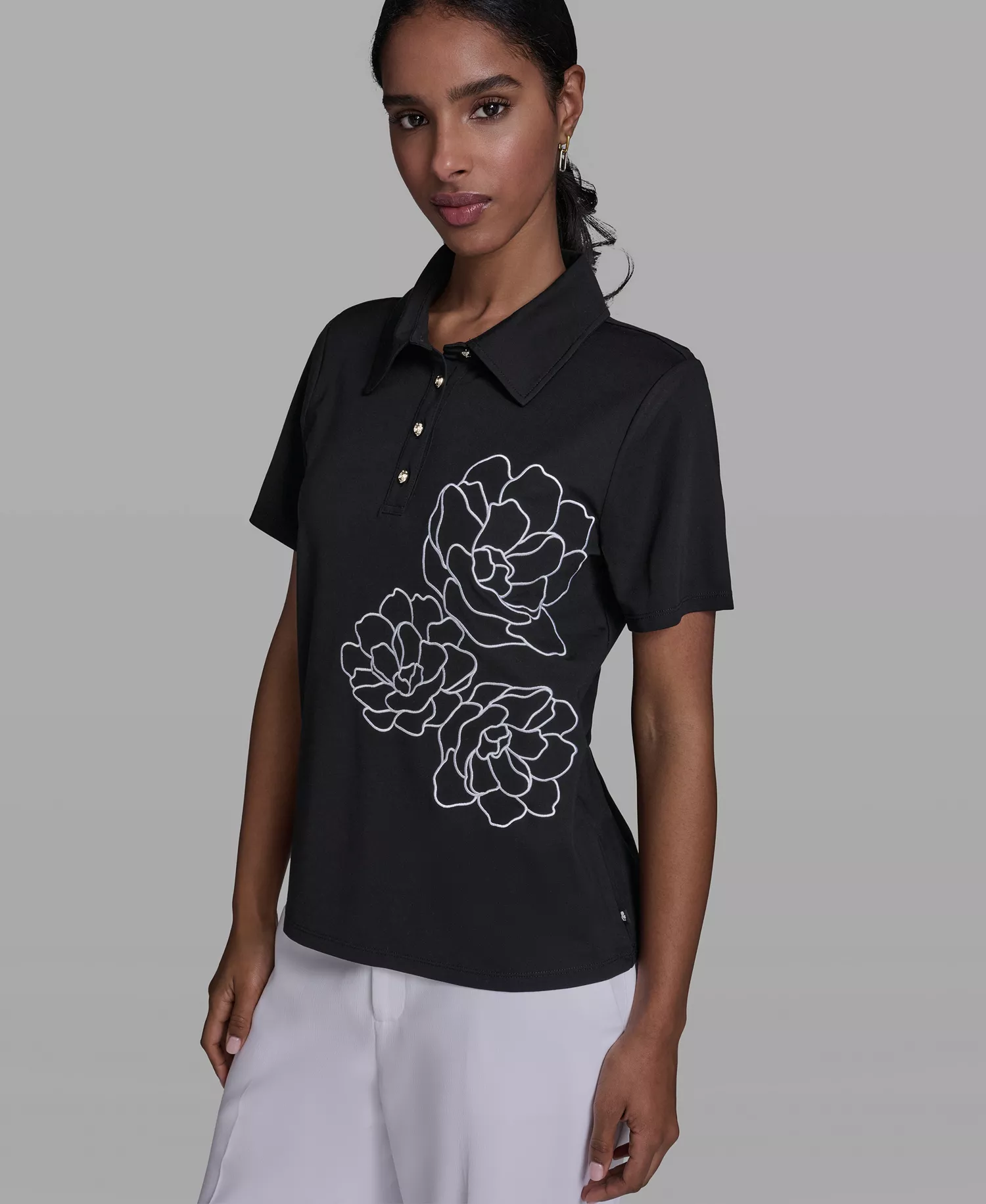 Women's Short-Sleeve Rose Embroidered Collared Blouse - Black - L