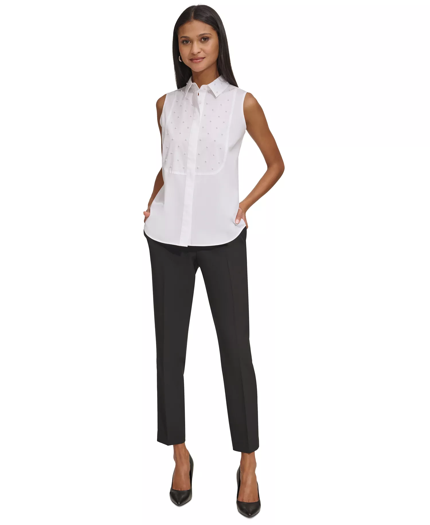 Women's Embellished Bib Shirt - White - L