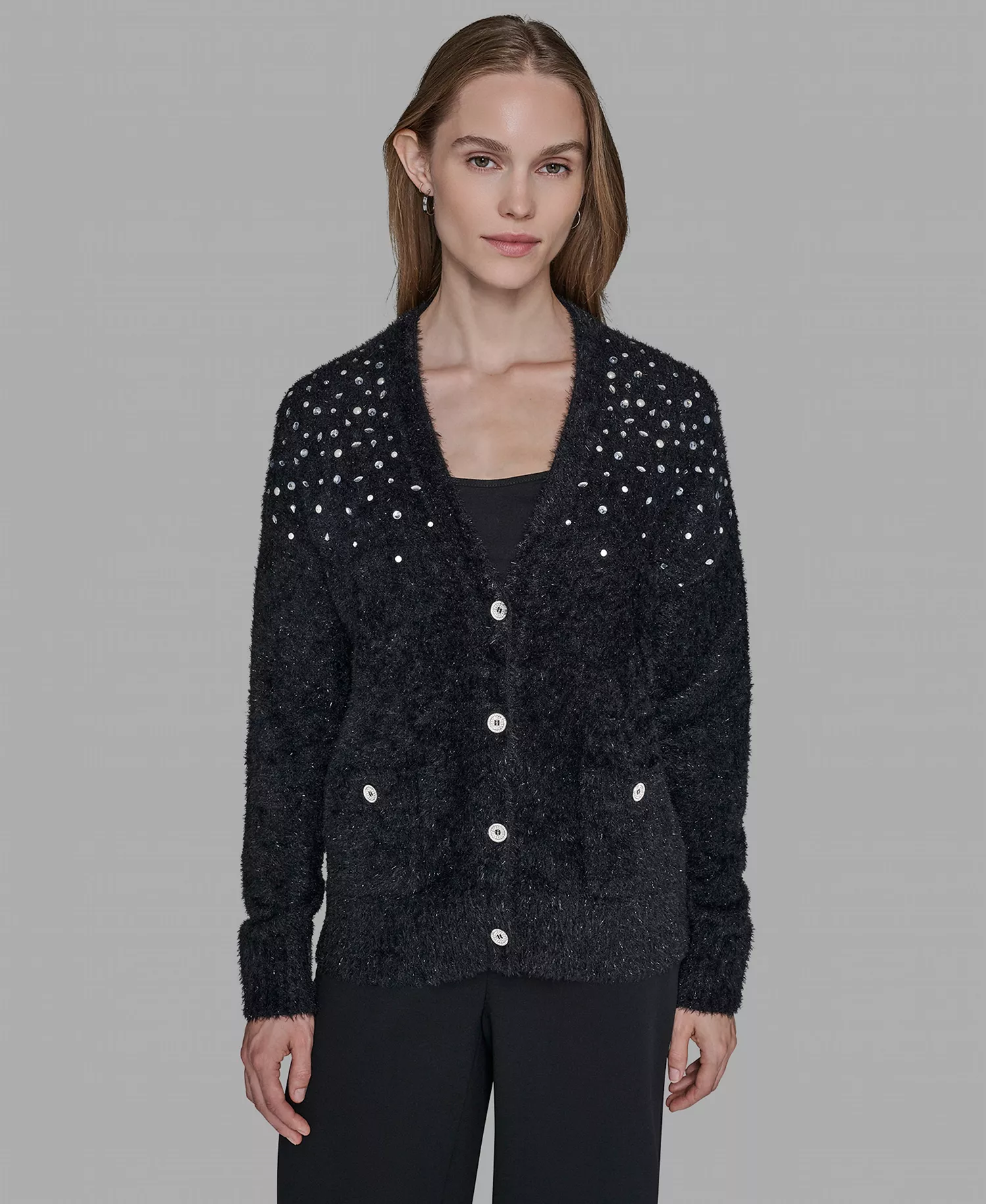 Women’s V-Neck Cardigan with Signature Button Closure - Black - L