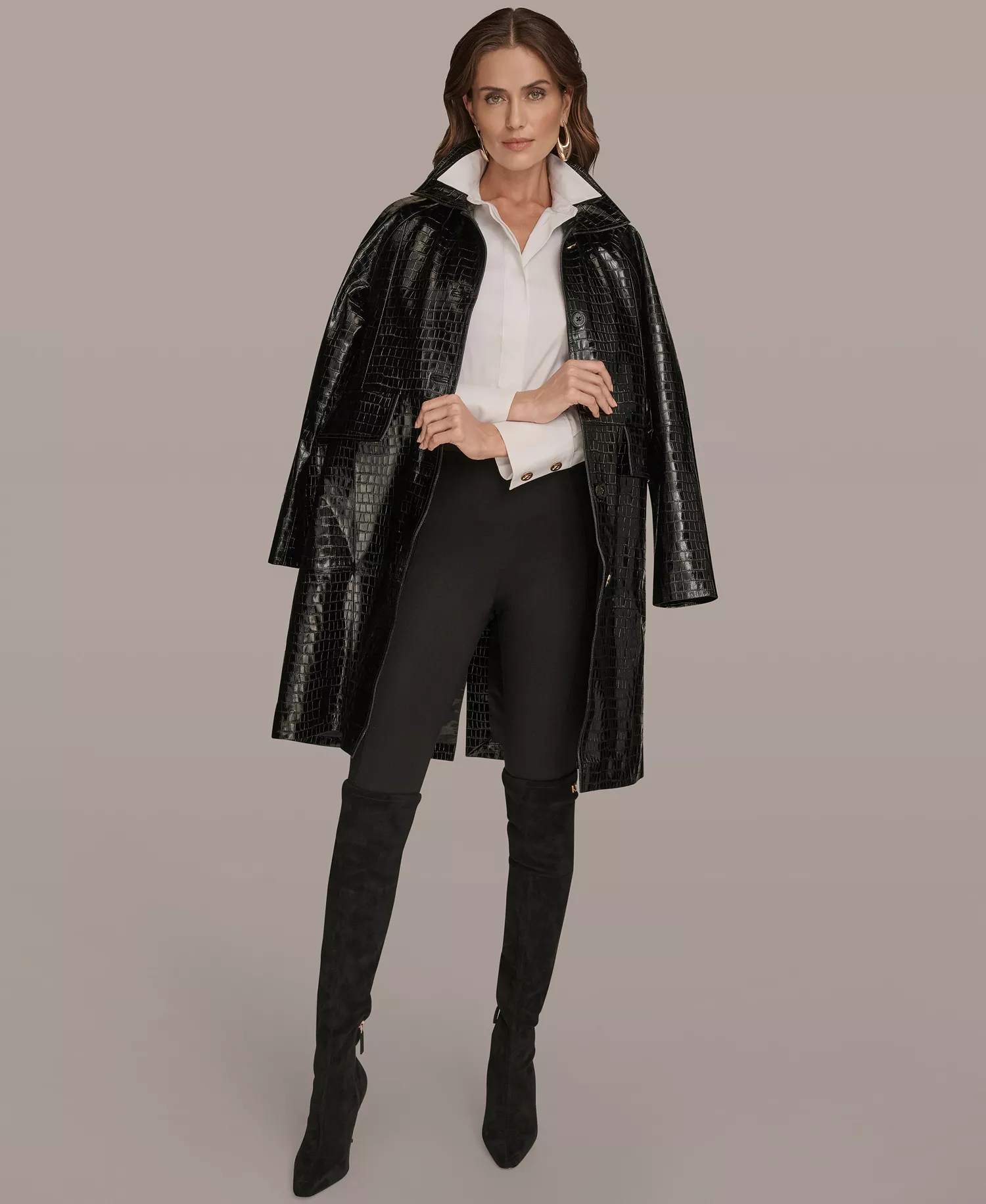 Women's Balmacaan Coat - Black Croc - M