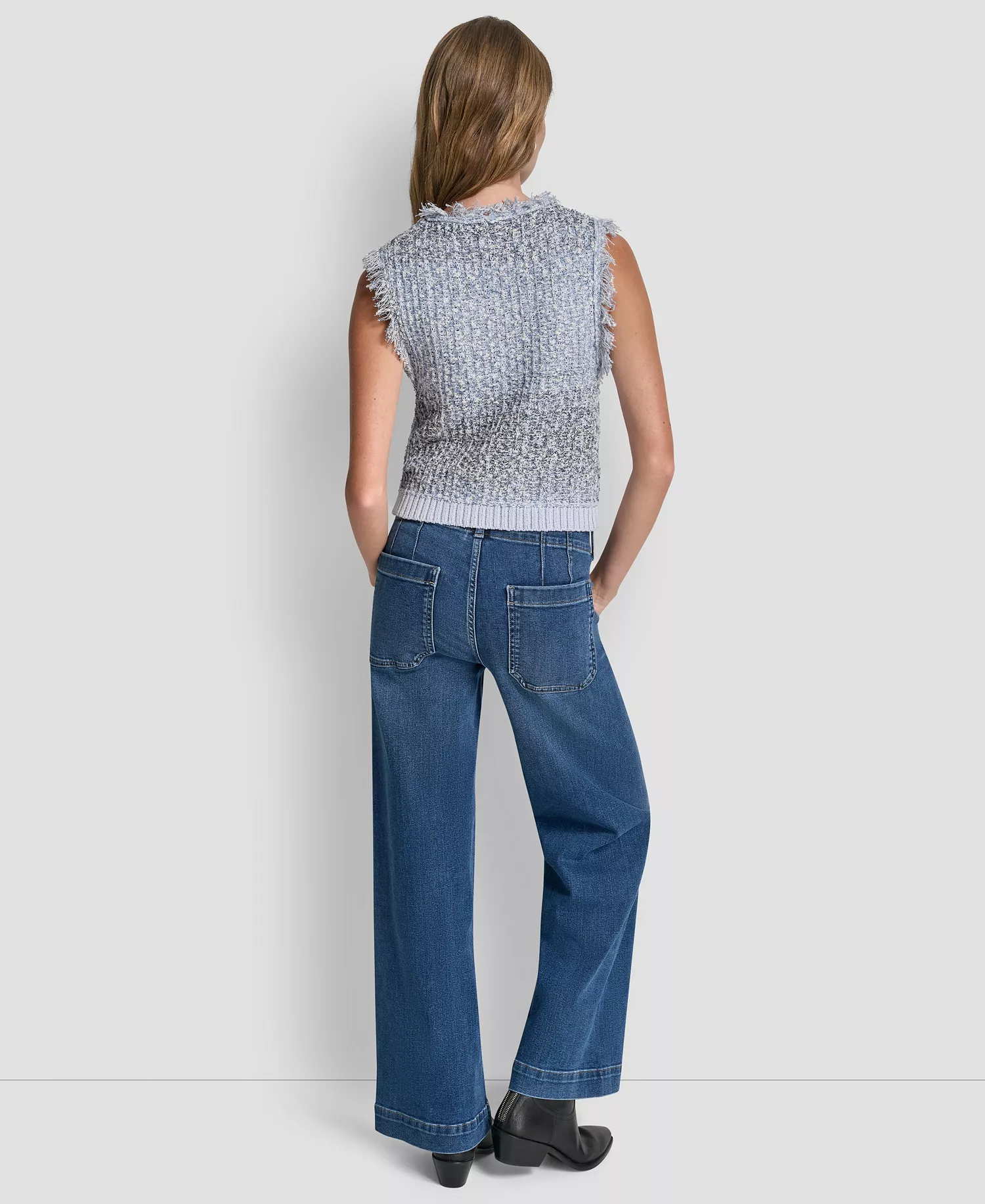 Women's Sleeveless Tweed Fringe Trimmed Sweater - Frost Blue Combo - L