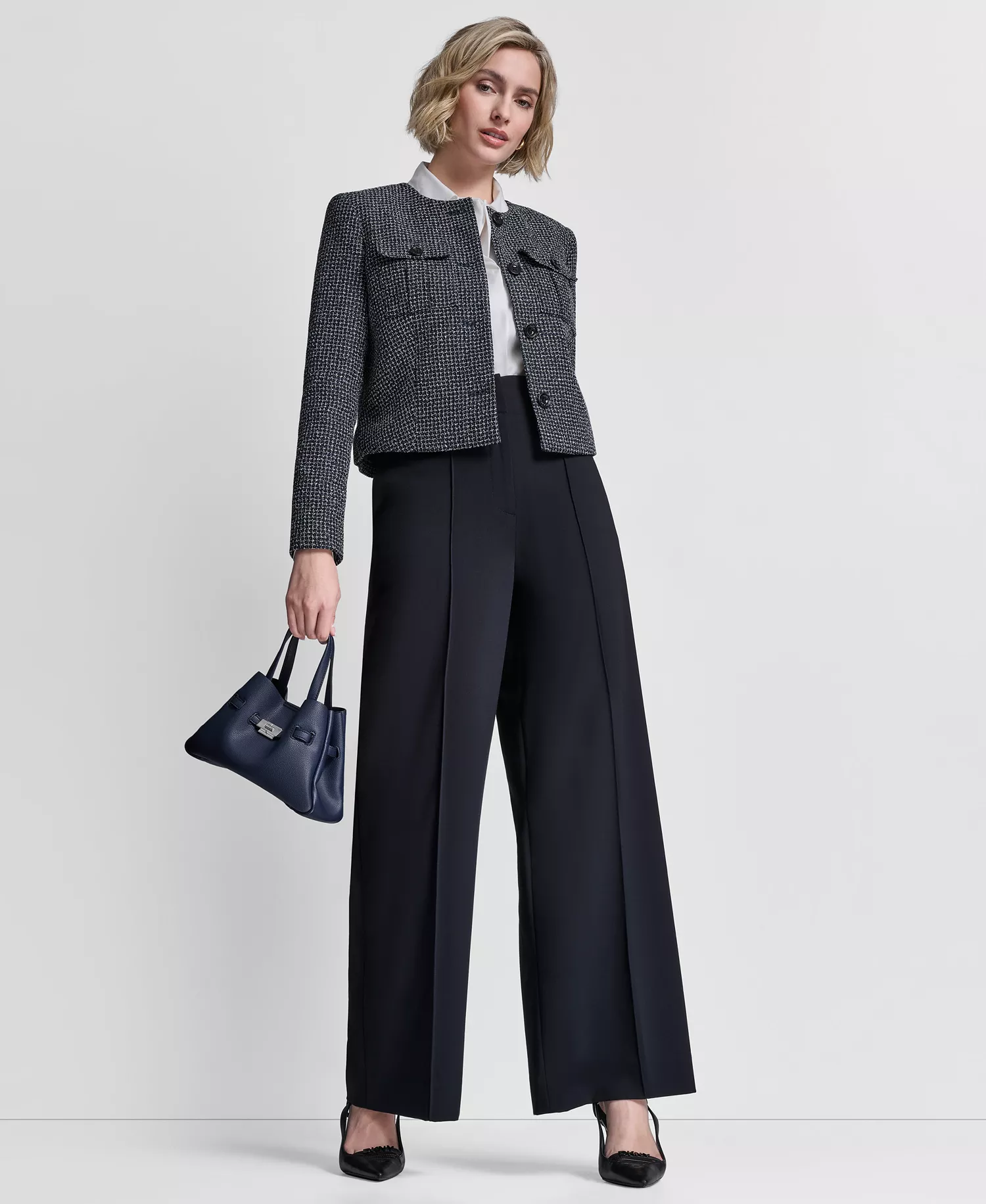 Women's Collarless Cropped 4-Button Jacket - Navy Combo - 10