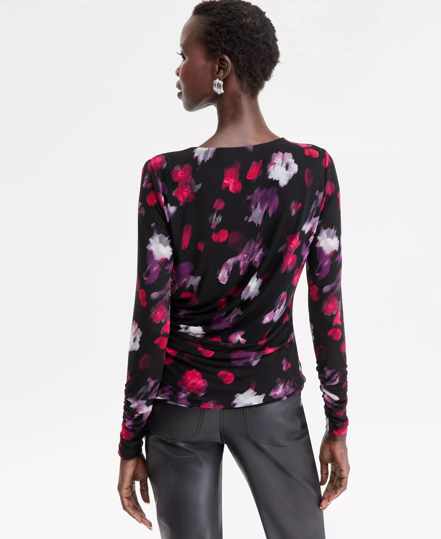 Women's Printed Long-Sleeve Draped Mesh Top - Ava Blooms - L