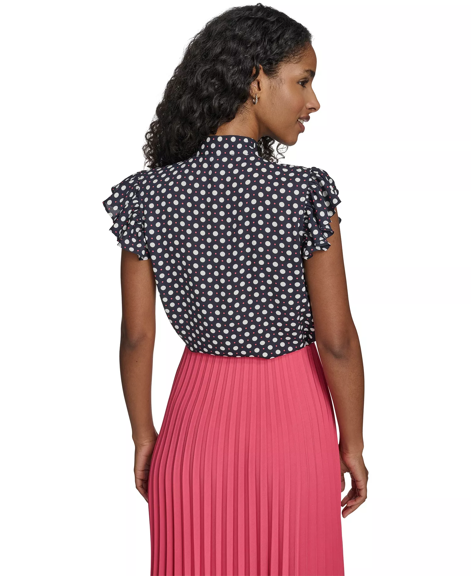 Women's Double Dot Tie Neck Top - Mdingiht/ Ivory/ Rethink Pink - L