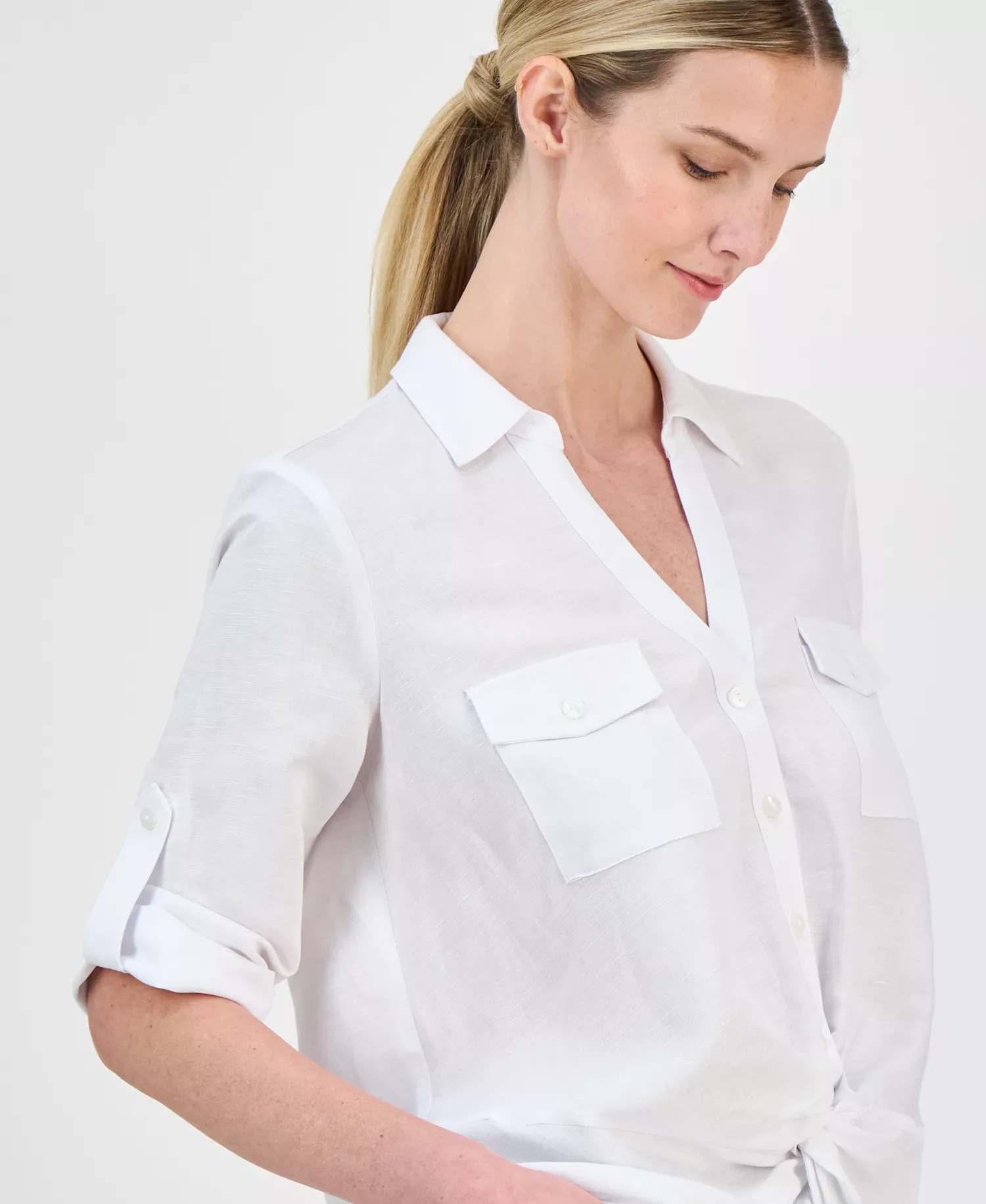 Women's Linen Twist-Hem Blouse, Created for Macy's - Bright White - L