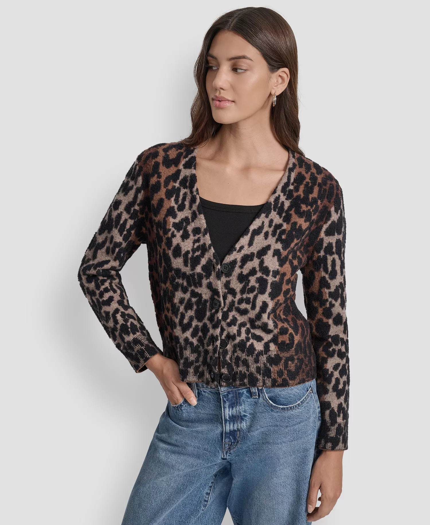 Women's Long Sleeves Leopard Print Cardigan Sweater - Burnt Sugar Combo - L