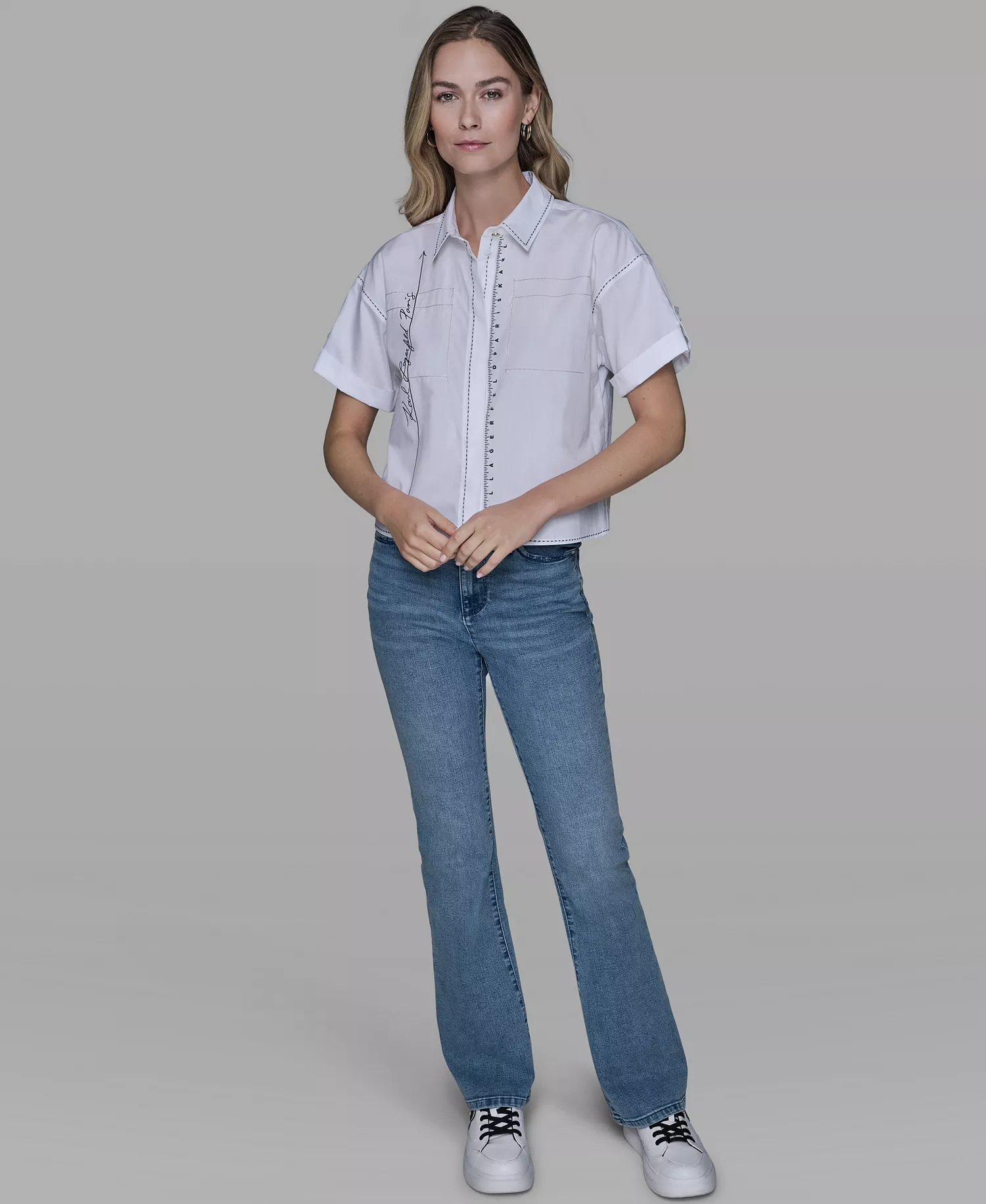 Women's Collared Short-Sleeve Blouse - White - L