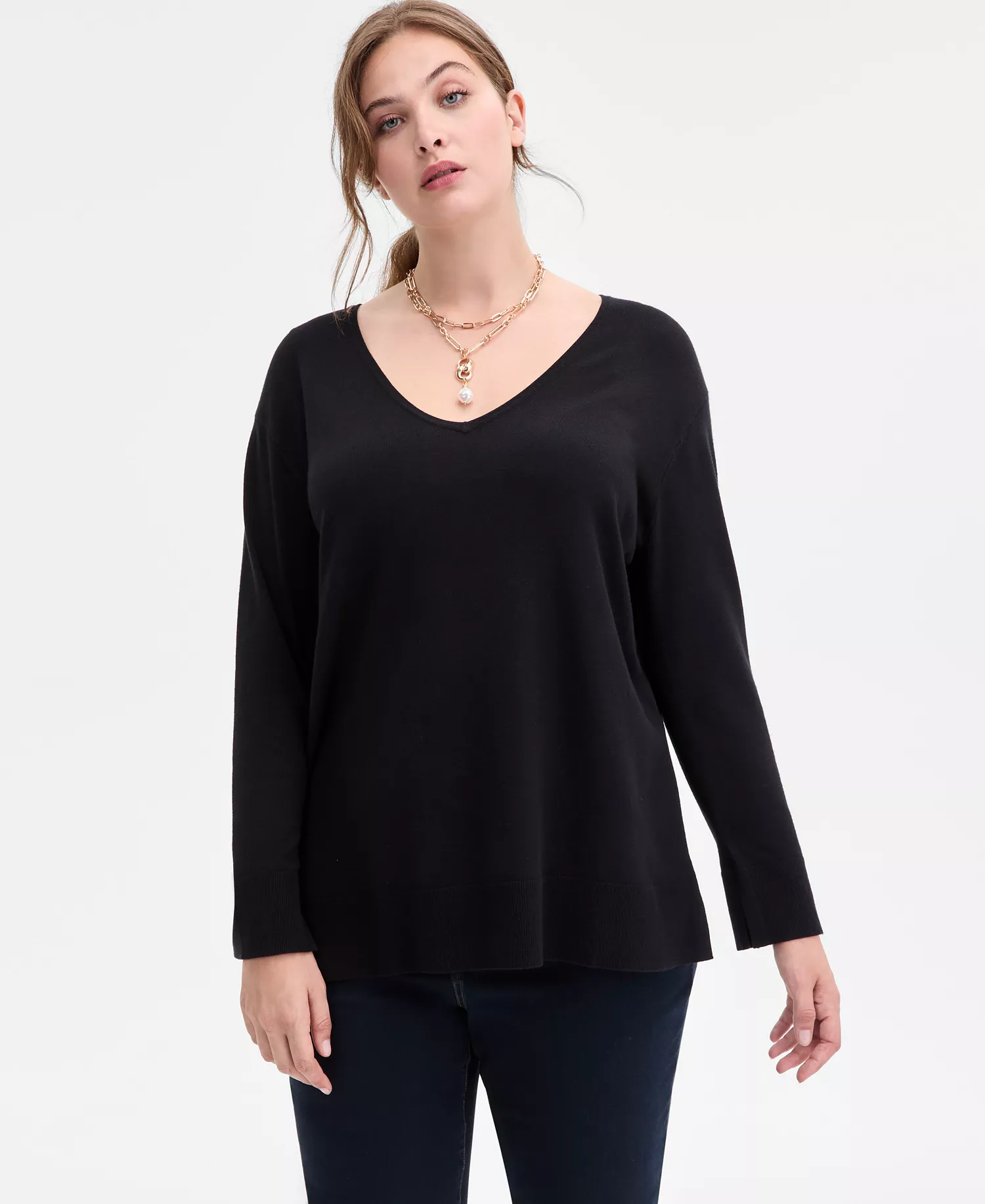 Plus Size V-Neck Long-Sleeve Tunic, Macy's Exclusive  - Deep Black - 0X