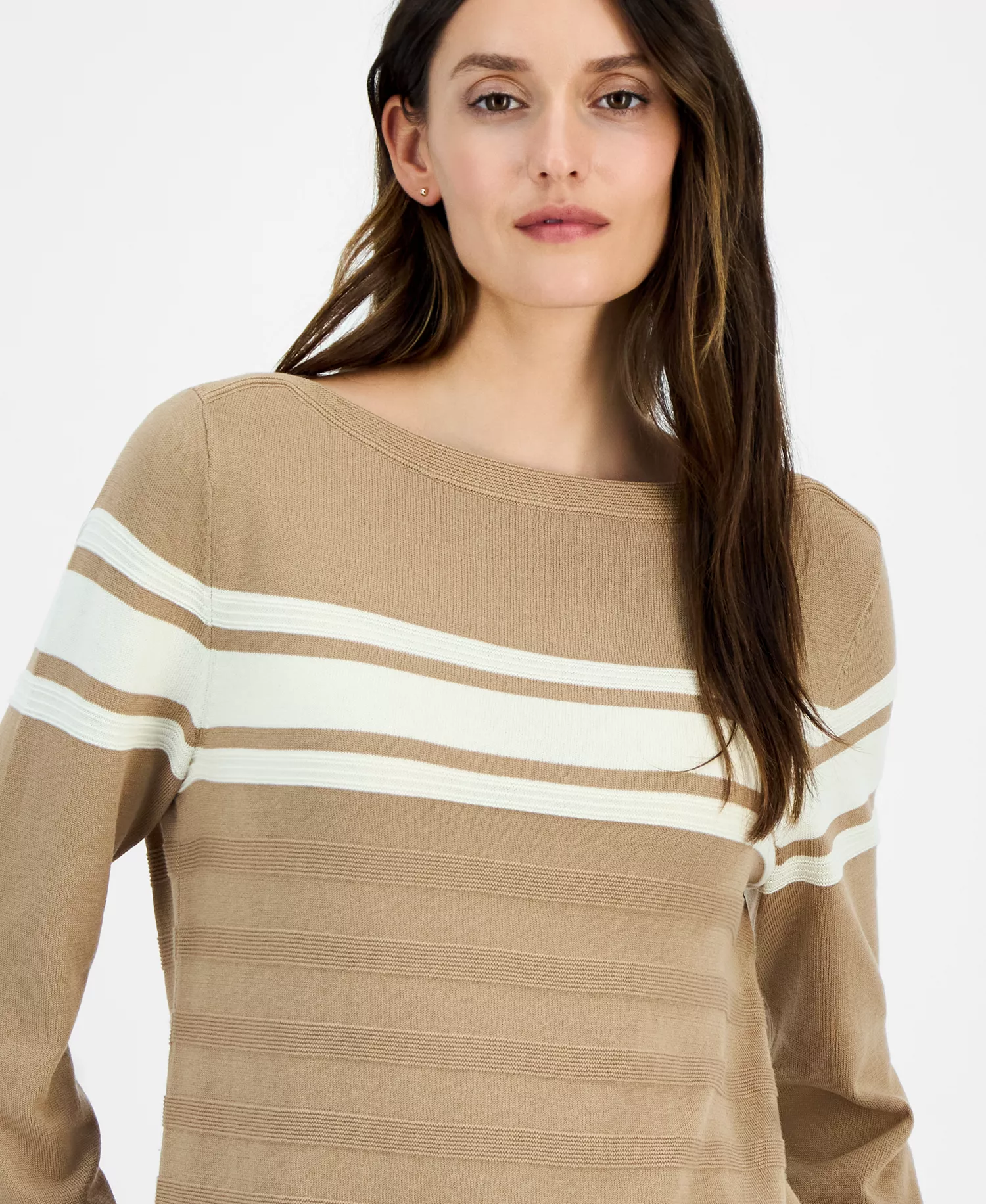 Nautica Women's Cotton Boat-Neck Textured Sweater  - Camel/ White Swan - L
