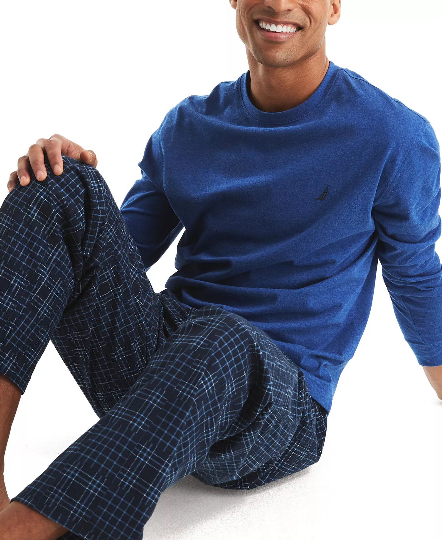 Men's Fleece Patchwork Plaid Pajama Pants - Navy - L