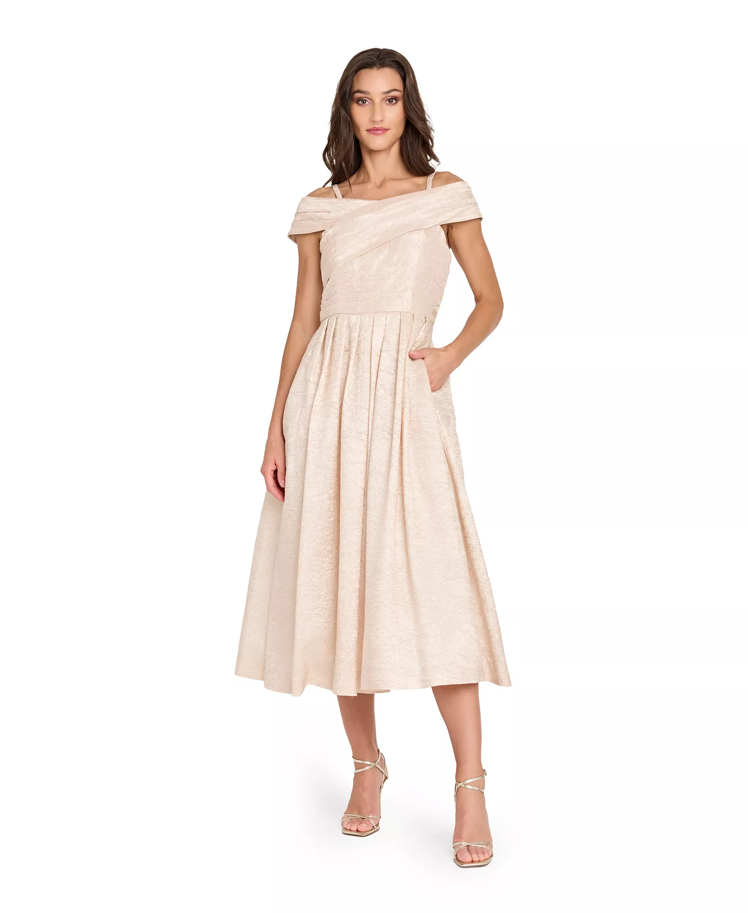 Women's Crushed Taffeta Off-The-Shoulder Midi Dress - CHAMPAGNE - 10