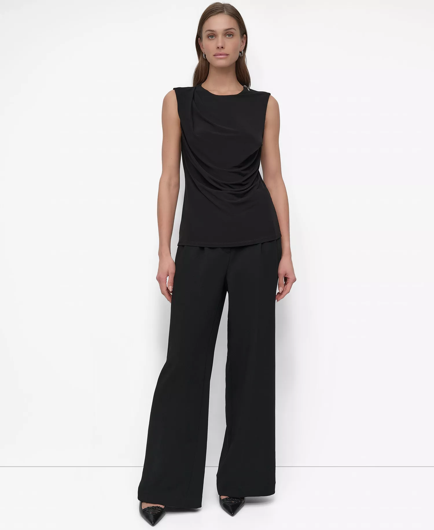 Petite Draped Sleeveless Top - Black - PL
