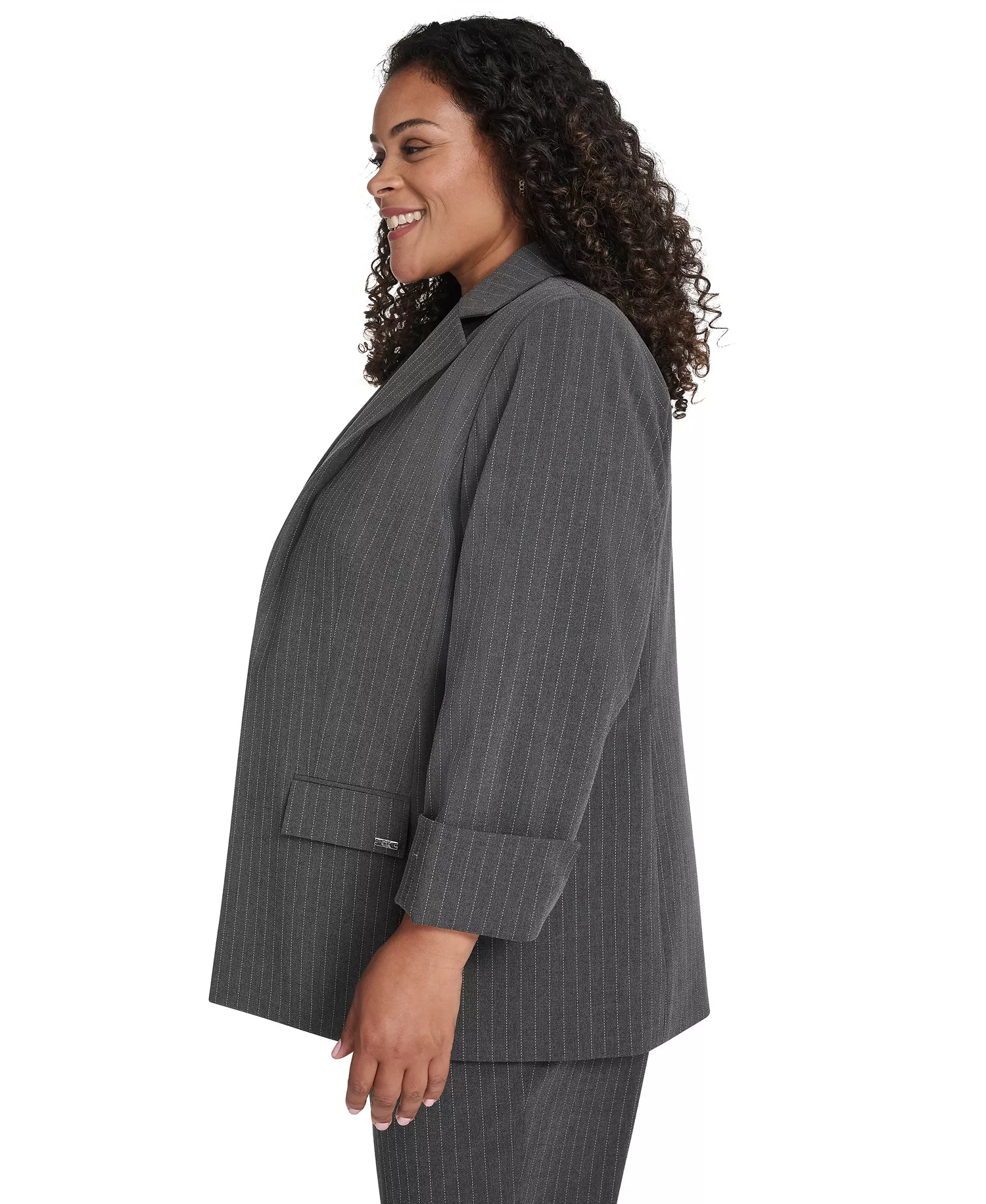 Plus Size Pinstripe Long Sleeve Blazer - Heather Charcoal Multi - 14W