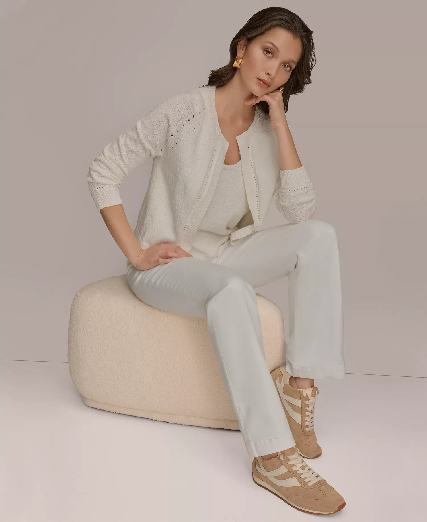 Women's Pointelle Stitch Open-Front Cotton Cardigan  - Cream - L