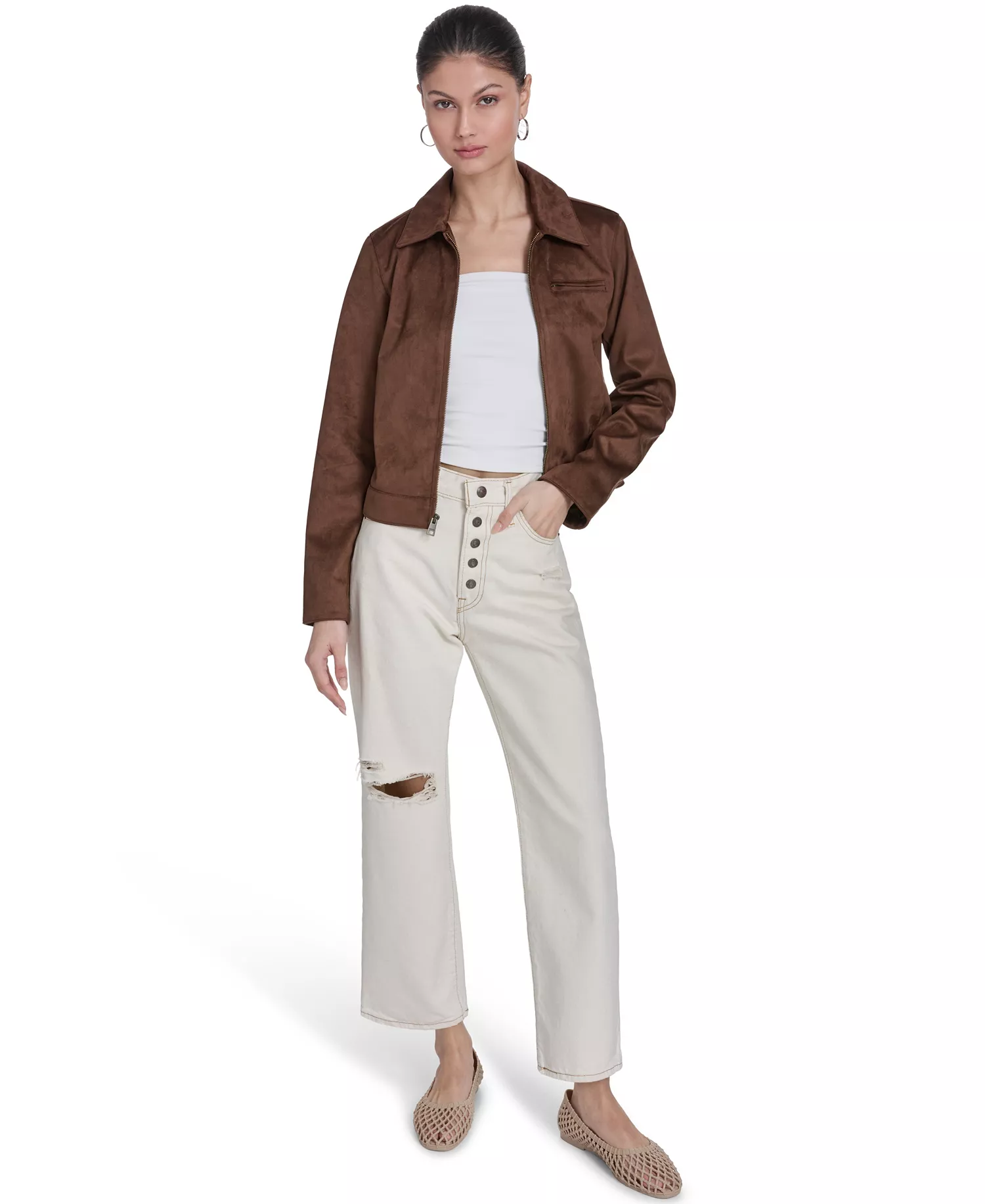 Women's Faux Suede Laydown Collar Jacket - Maple - L