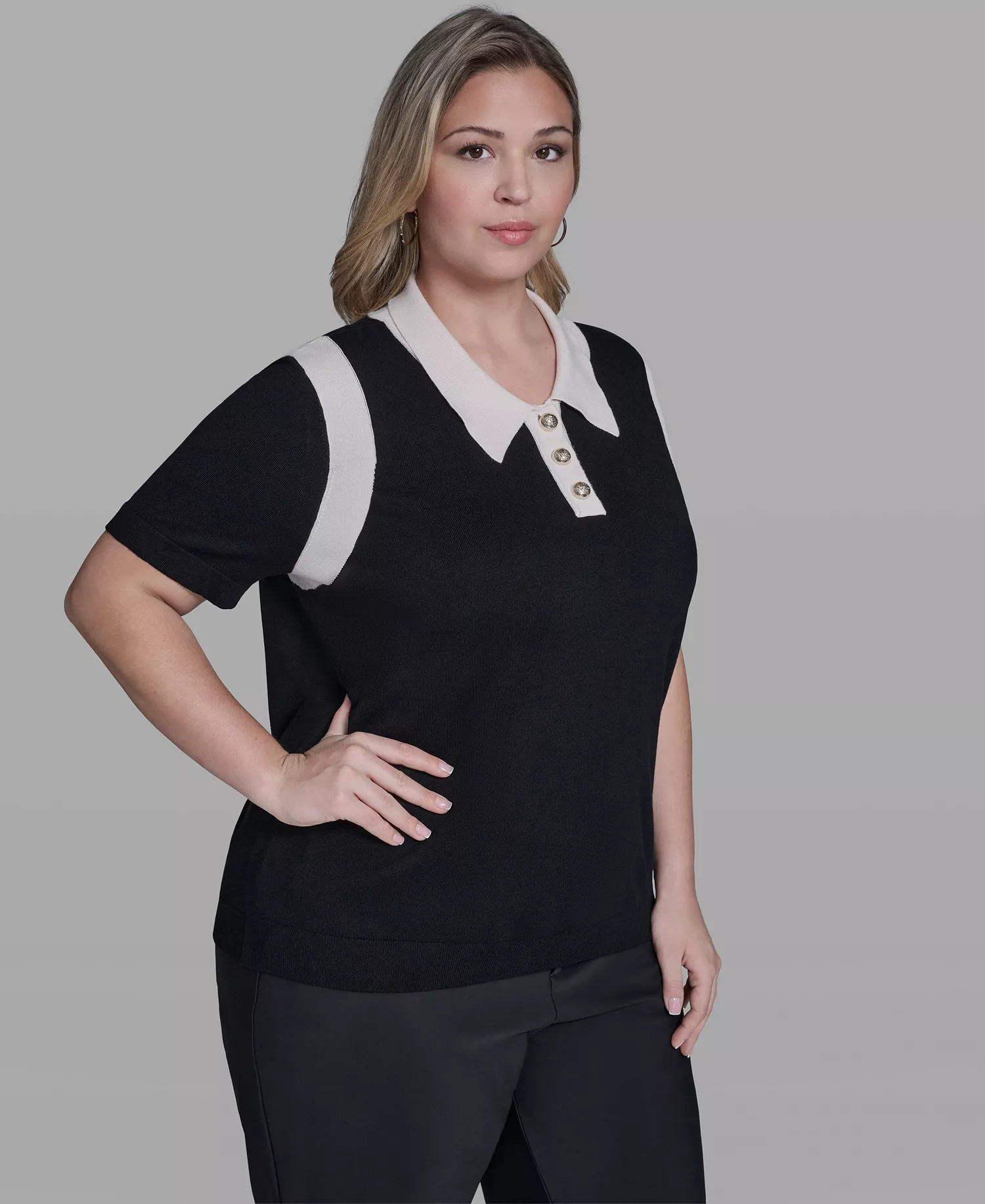Plus Size Solid Short-Sleeve Polo Sweater - Black/Bisque - 0X